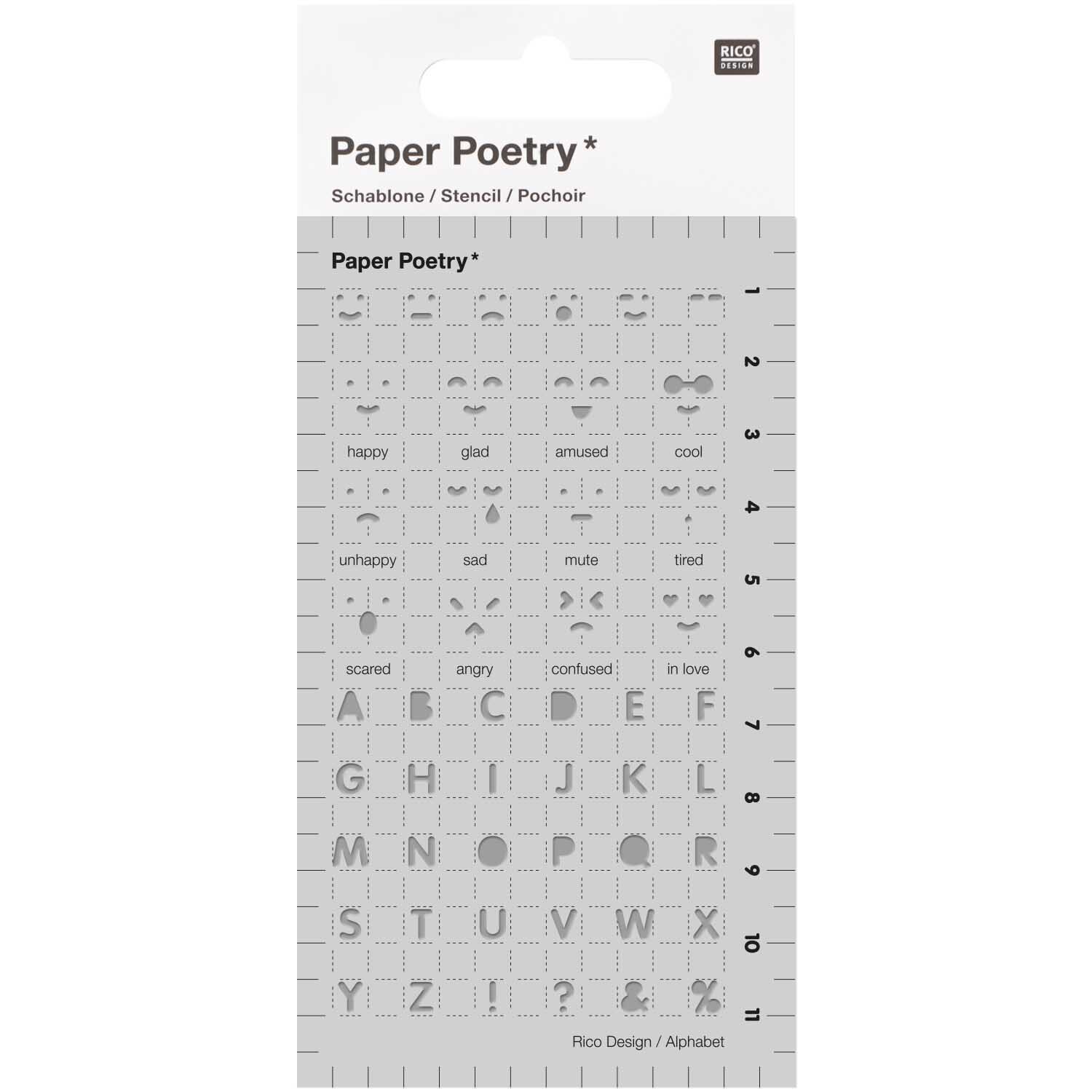 Paper Poetry Bullet Diary Schablone zeigt verschiedene Emotionssymbole und Buchstaben auf transparentem Material von Rico Design.