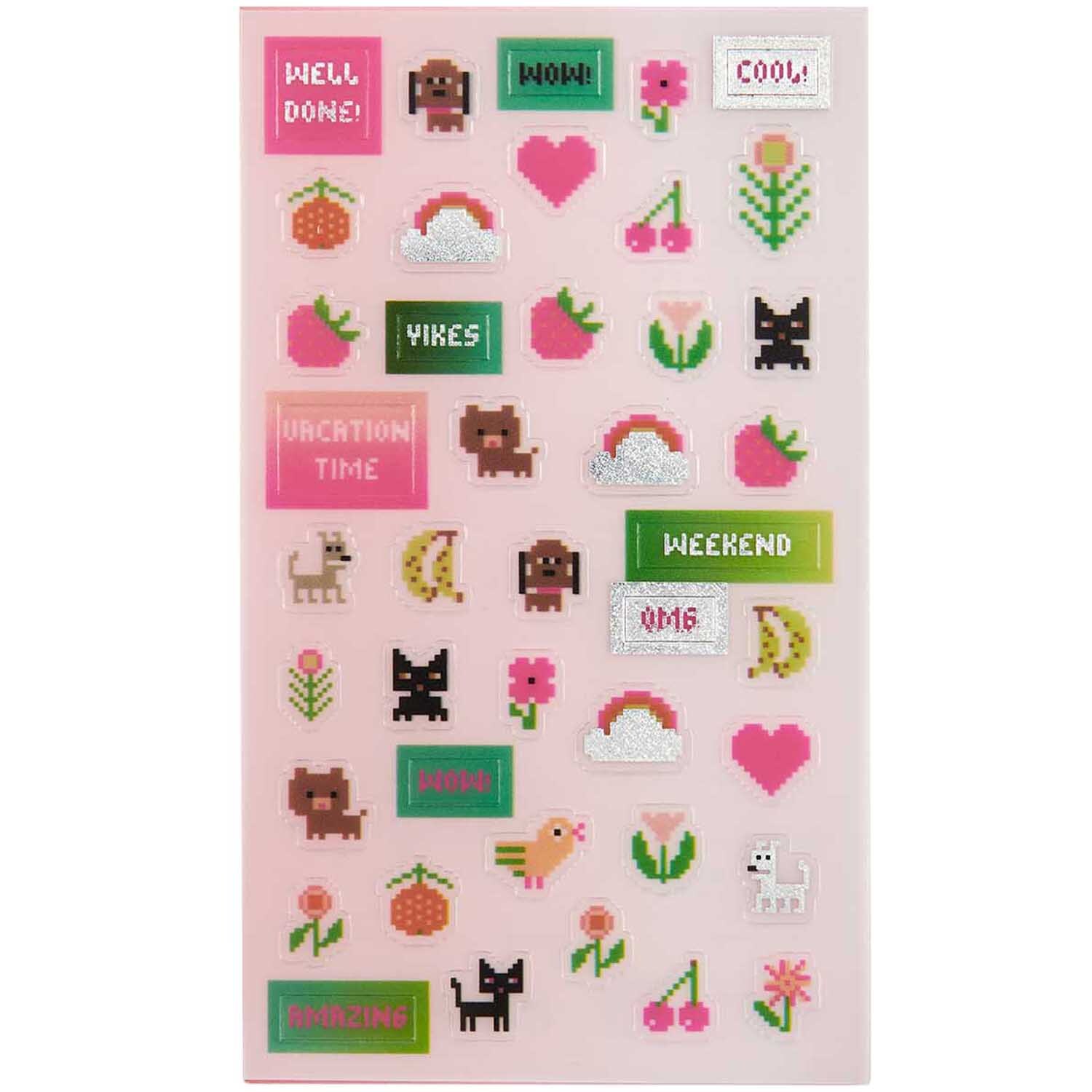 Paper Poetry Foliensticker Pixel Power mit bunten Pixelmotiven wie Tieren, Früchten und Sprüchen auf vier Blättern von Rico Design.