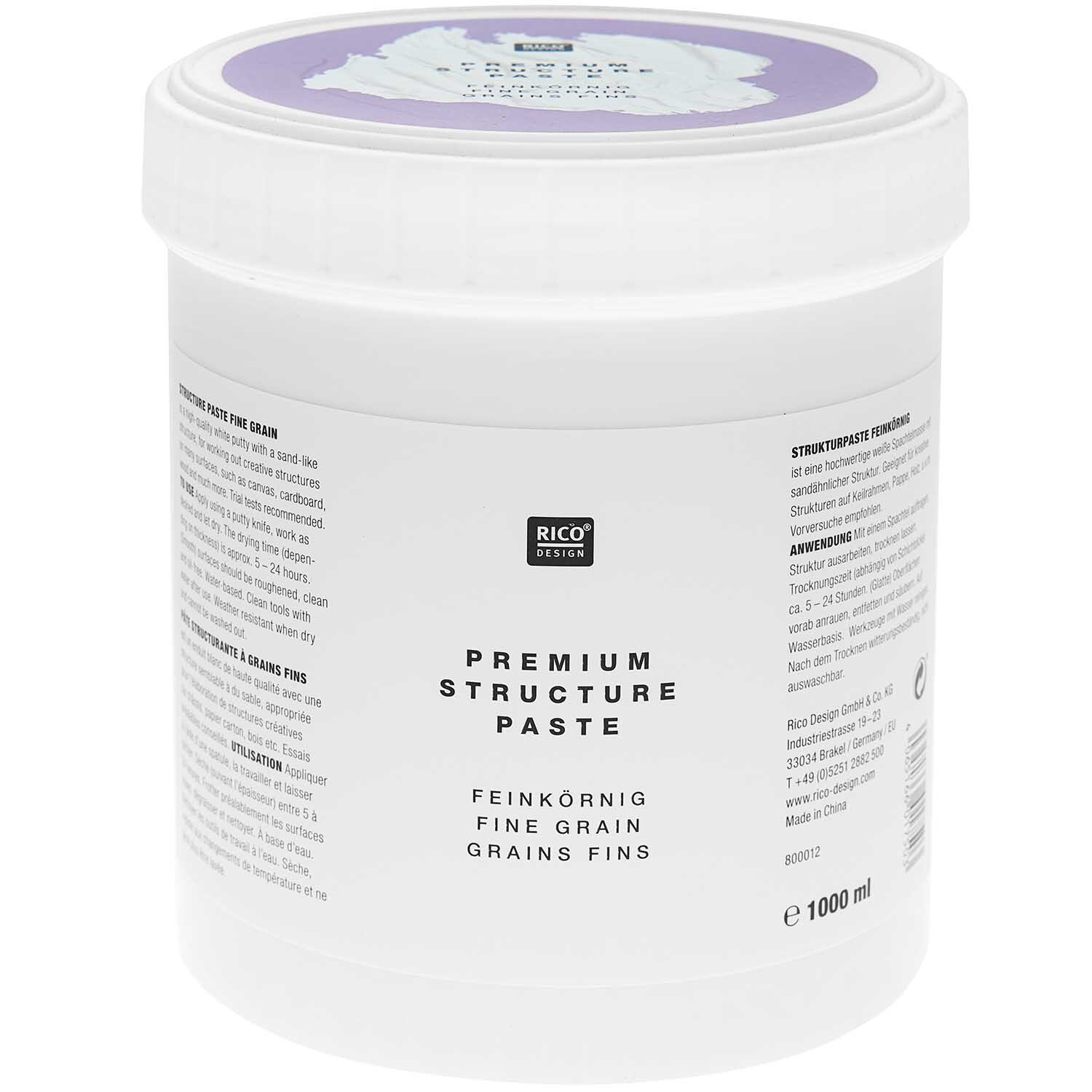 ART Premium Strukturpaste feinkörnig von Rico Design in weißem Behälter, 1000 ml, ideal für kreative Projekte und Oberflächengestaltung.