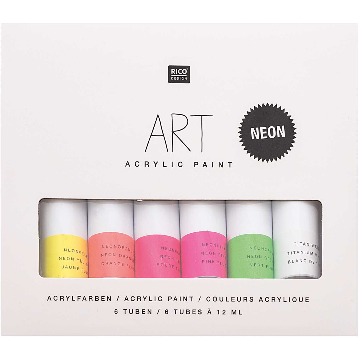 ART Künstler Acrylfarben-Set Neon 6x12ml zeigt sechs bunte Neonfarben von Rico Design in einer weißen Verpackung.