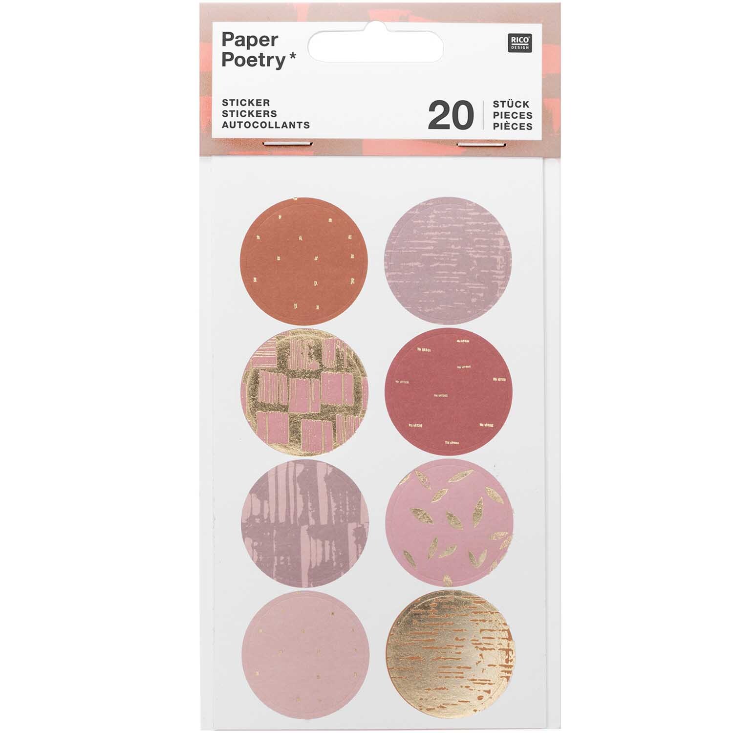 Paper Poetry Sticker Struktur mauve, 20 runde Sticker mit verschiedenen Mustern in Rosa- und Goldtönen. Ideal für kreative Projekte.