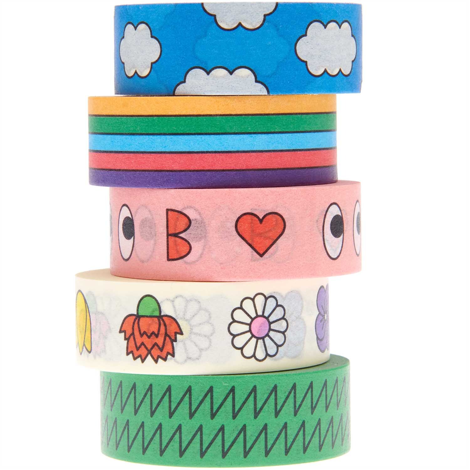 Rico Design x Redfries Tape Set Eye Candy, 5-teilig, mit bunten Mustern wie Wolken, Herzen und Blumen. Ideal für kreative Projekte.