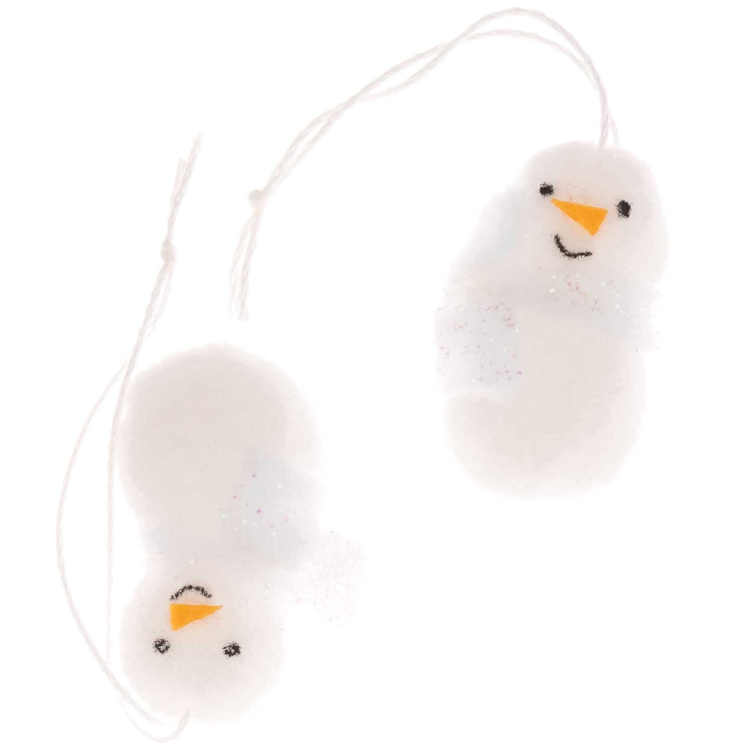 Hänger Schneemann aus Pompons, 40x33mm, 2 Stück. Zwei weiße Schneemann-Anhänger von Rico Design mit orangefarbenen Nasen und schwarzen Augen.