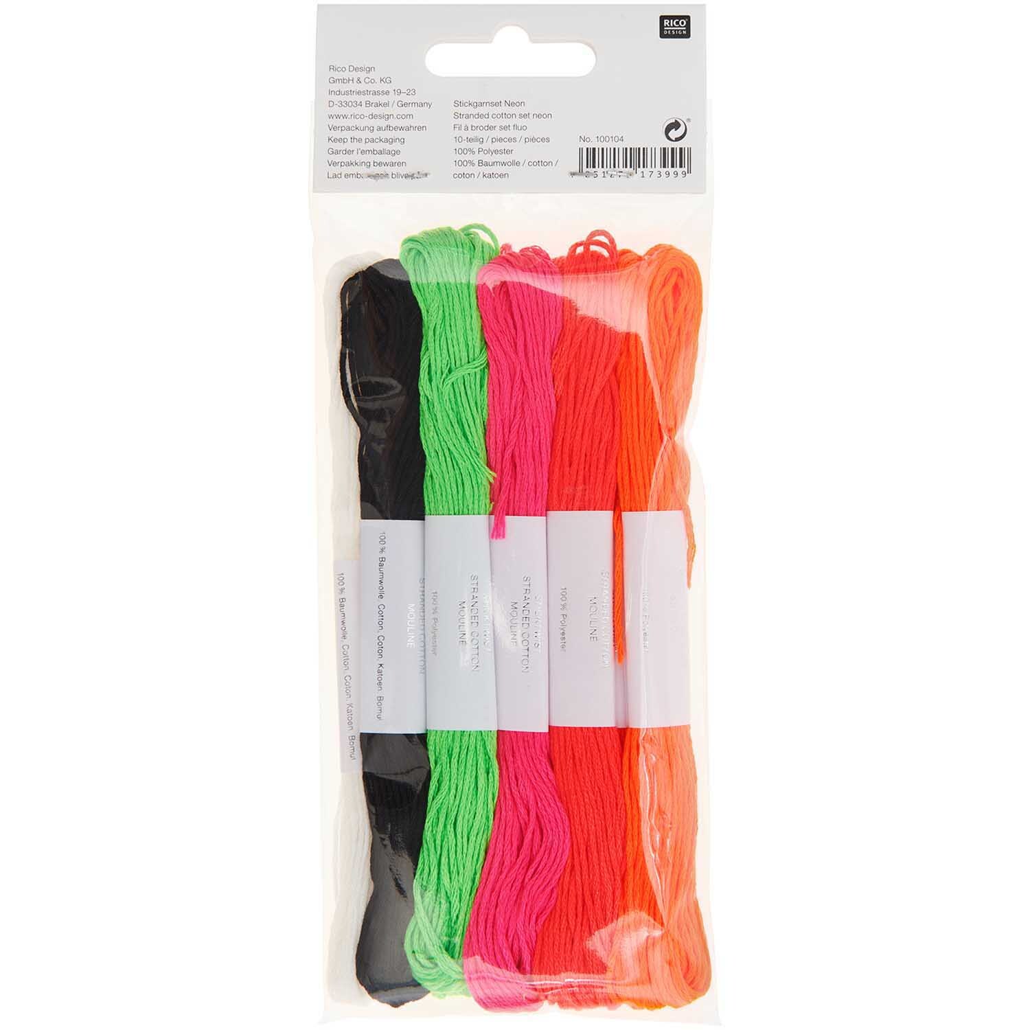 Set de fils à broder Neon 10 pièces 10-teilig from Rico Design Stickgarn Set Neon, 10-teilig von Rico Design, zeigt bunte Fäden in Schwarz, Grün, Pink und Orange. Ideal für kreative Projekte.