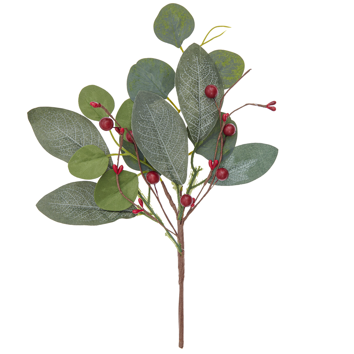 Zweig mit Blättern und Beeren 30,5cm von Rico Design. Grüner Zweig mit roten Beeren auf weißem Hintergrund.