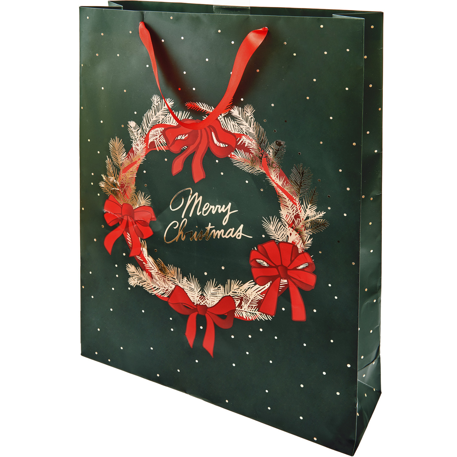 Geschenktüte mit Schleifen Kranz XL, dunkelgrün mit rotem Kranzmotiv, 33x45x10cm, 230g/m².