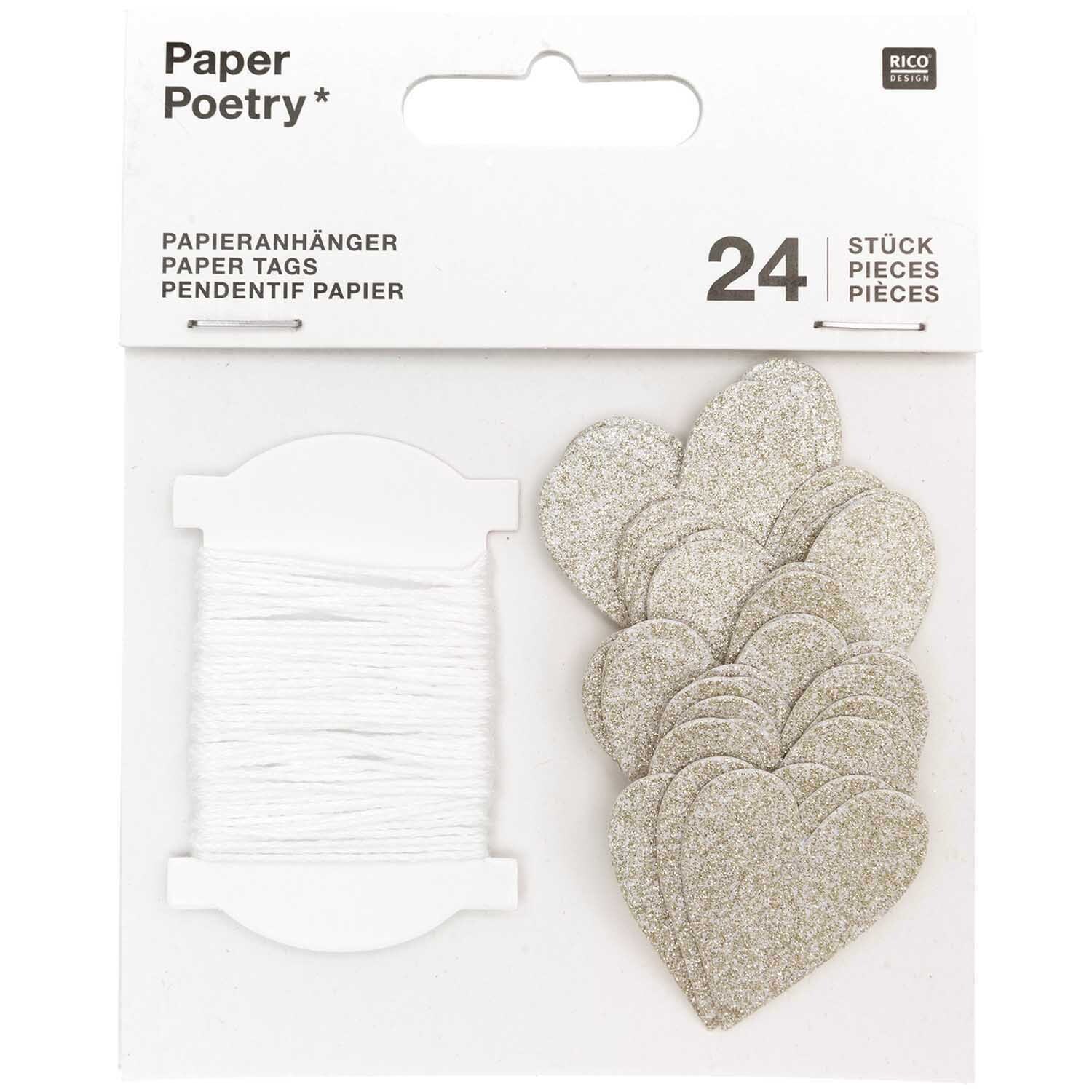 Paper Poetry Papieranhänger Herzen Glitter gold 3x3,5cm 24 Stück von Rico Design