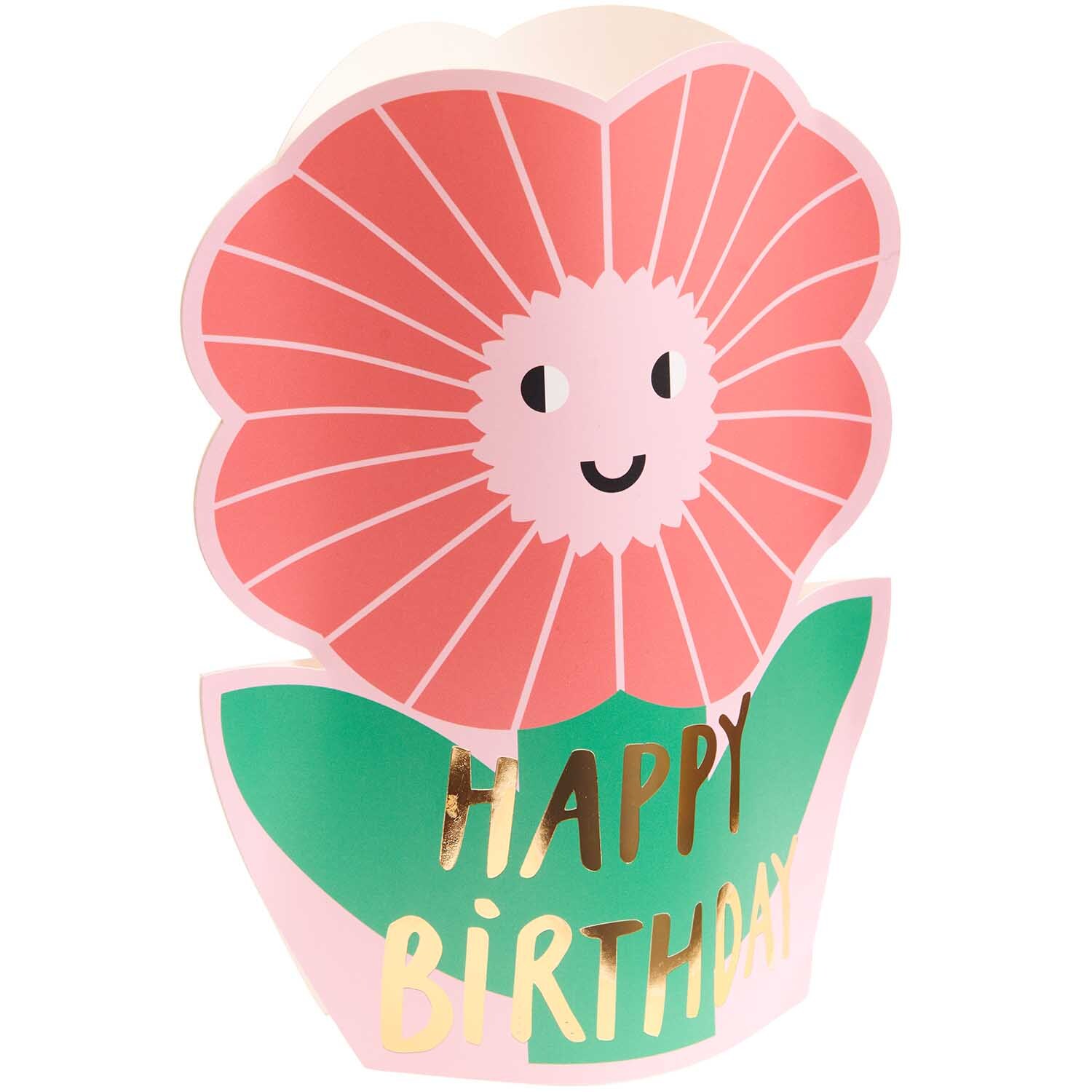 Paper Poetry Vasencover Happy Birthday 19x23cm mit rosa Blume und fröhlichem Gesicht.