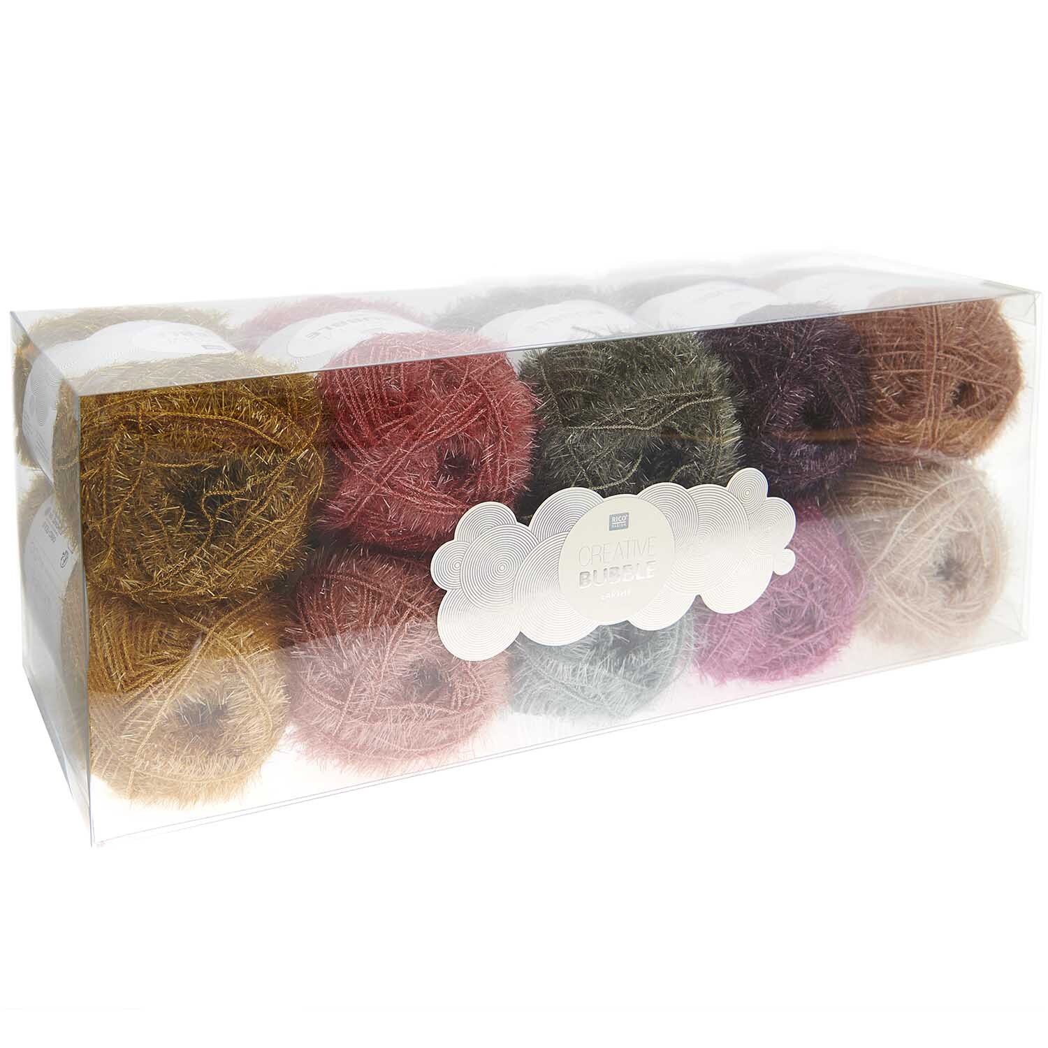 Creative Bubble Set Earthy Colours: Zehn bunte Garnknäuel in einer transparenten Box von Rico Design.