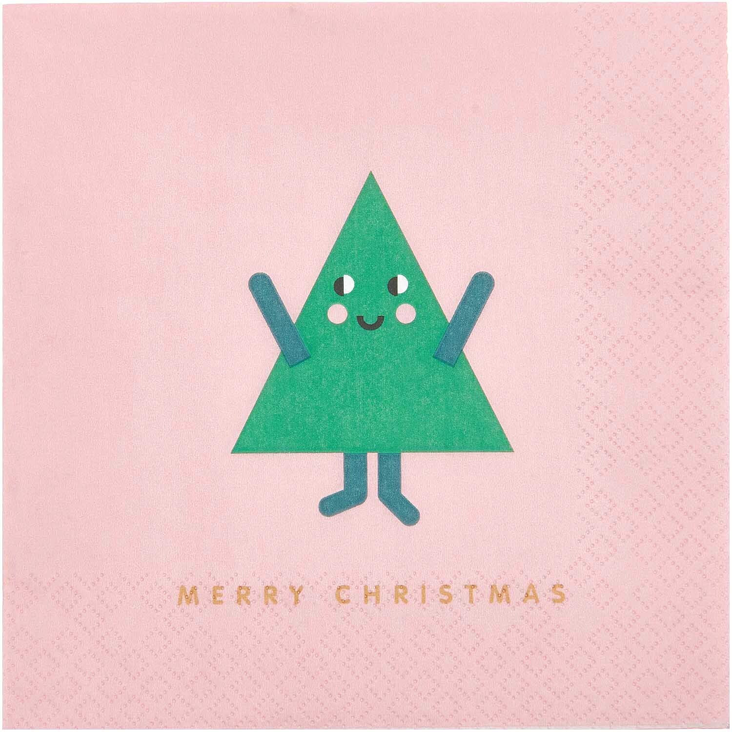 Servietten Tannenbaum 33x33cm 20 Stück: Rosa Serviette mit fröhlichem Tannenbaum-Motiv und "Merry Christmas"-Schriftzug. Ideal für festliche Anlässe.