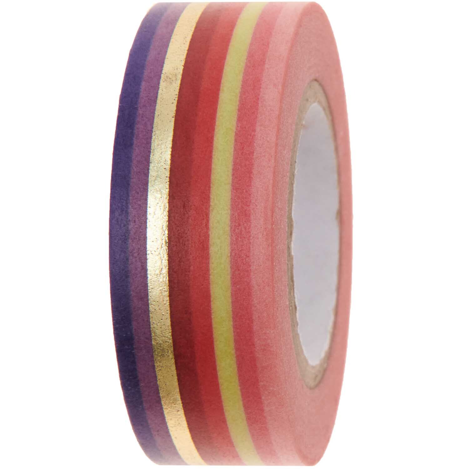 Paper Poetry Tape Streifen rot-gold von Rico Design, 1,5cm x 10m, zeigt bunte Streifen in Rot, Gold und Lila. Ideal für kreative Projekte.
