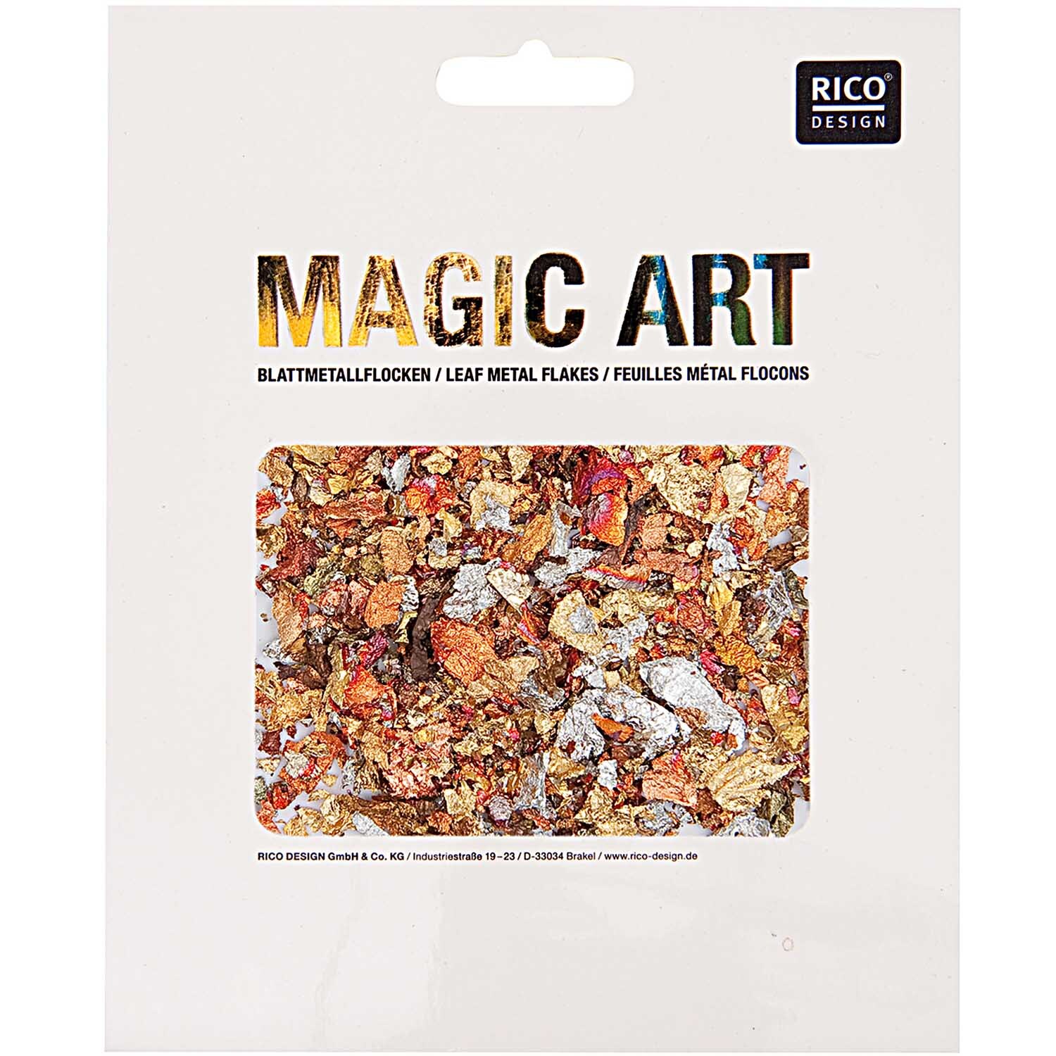 Magic Art Blattmetall-Flocken Farbe Mix von Rico Design Magic Art Blattmetall-Flocken von Rico Design in einem Mix aus schimmernden Farben, ideal für kreative Projekte. Verpackung zeigt bunte Flocken.