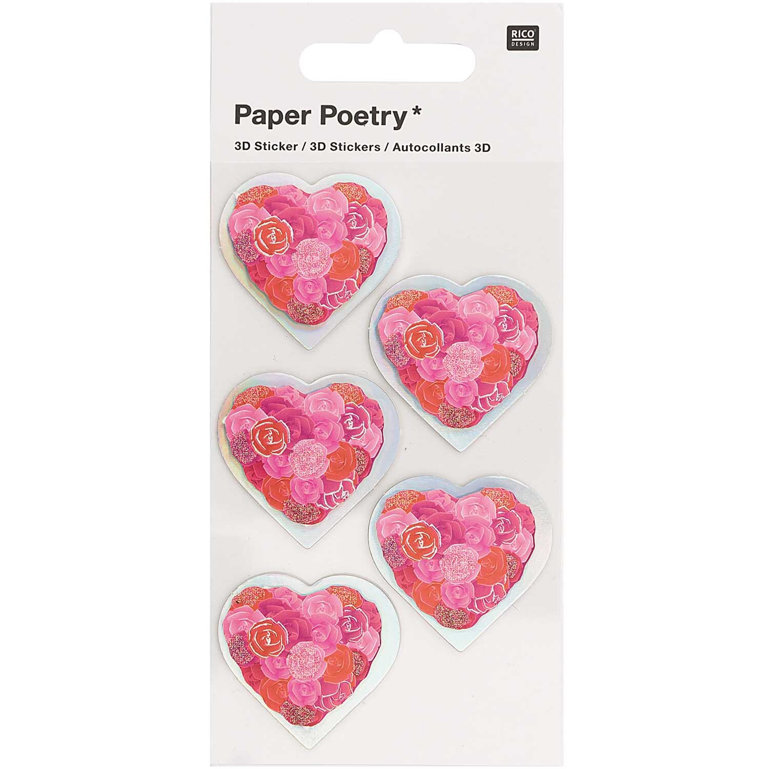 Paper Poetry 3D-Sticker Herzen mit Rosen rot 5 Stück von Rico Design