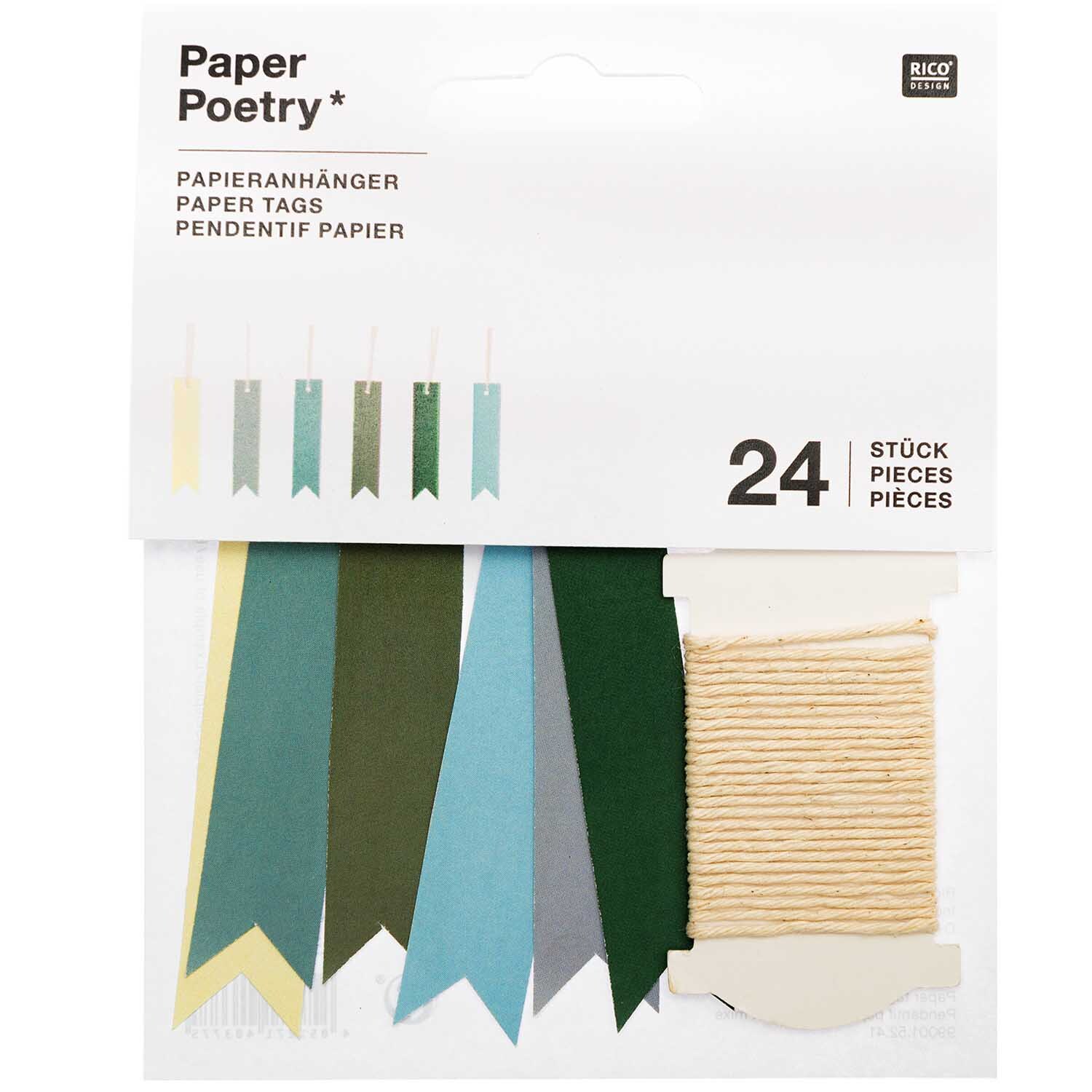 Paper Poetry Papieranhänger in verschiedenen Farben mit 24 Stück und Garnrolle von Rico Design.