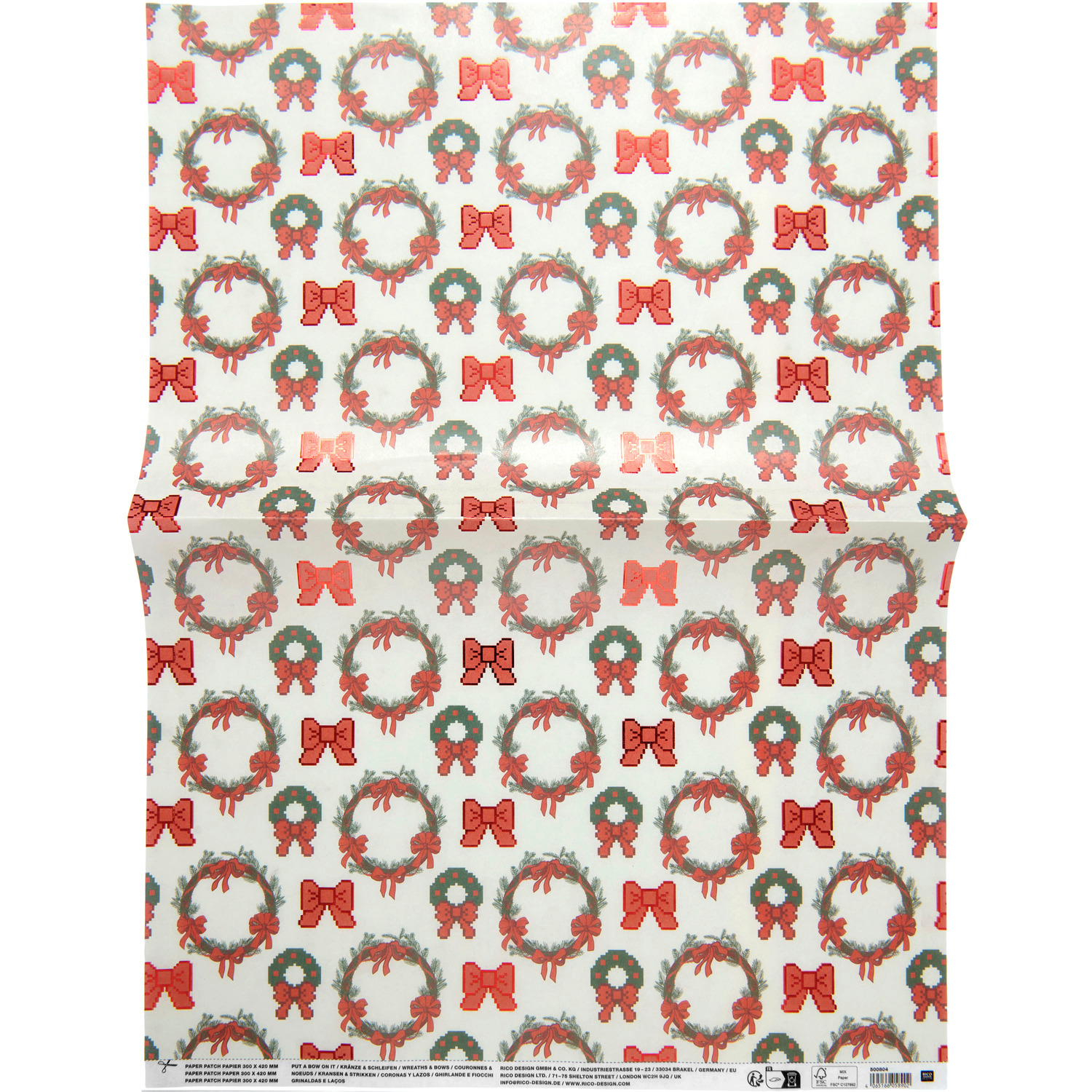 Paper Patch Kränze & Schleifen: Geschenkpapier mit roten Schleifen und grünen Kränzen von Rico Design, 30x42cm. Ideal für festliche Anlässe.