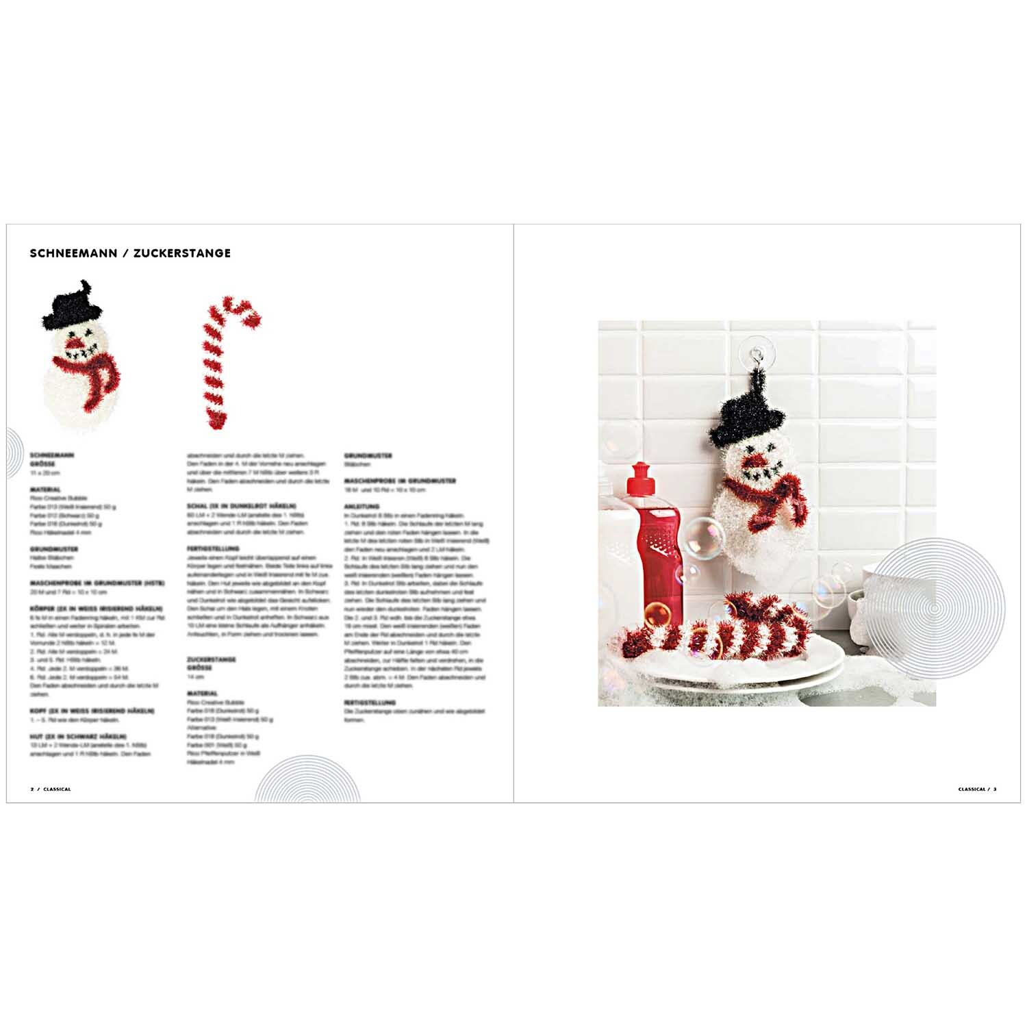 Creative Bubble - Classical X-MAS: Ein gehäkelter Schneemann mit Zuckerstange, dekoriert in einer Küche.