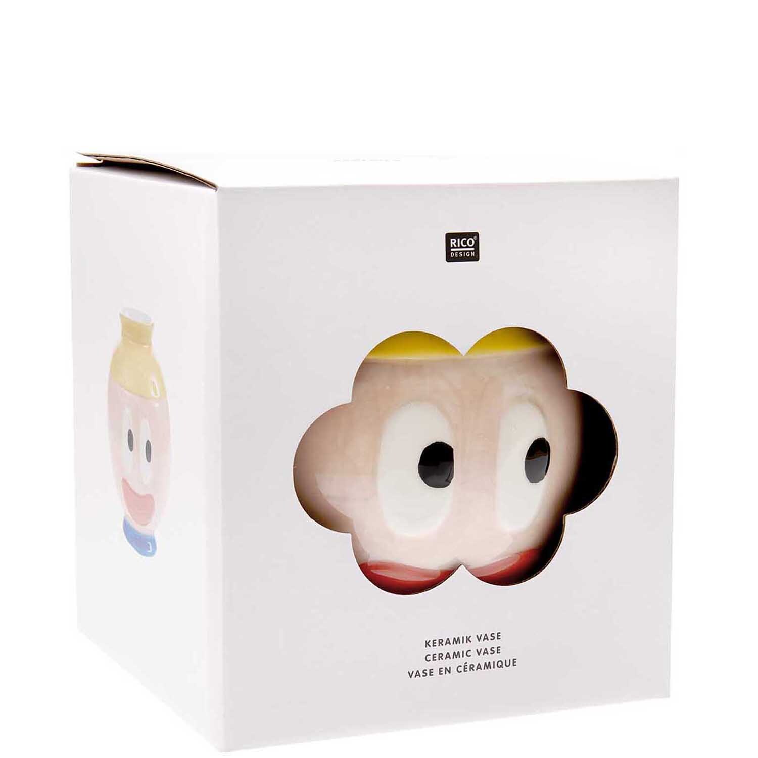 Rico Design x Redfries Keramik Vase Eye Candy Größe 16cm von Rico Design Rico Design x Redfries Keramik Vase Eye Candy in einer weißen Verpackung mit buntem, cartoonartigem Gesichtsmotiv.
