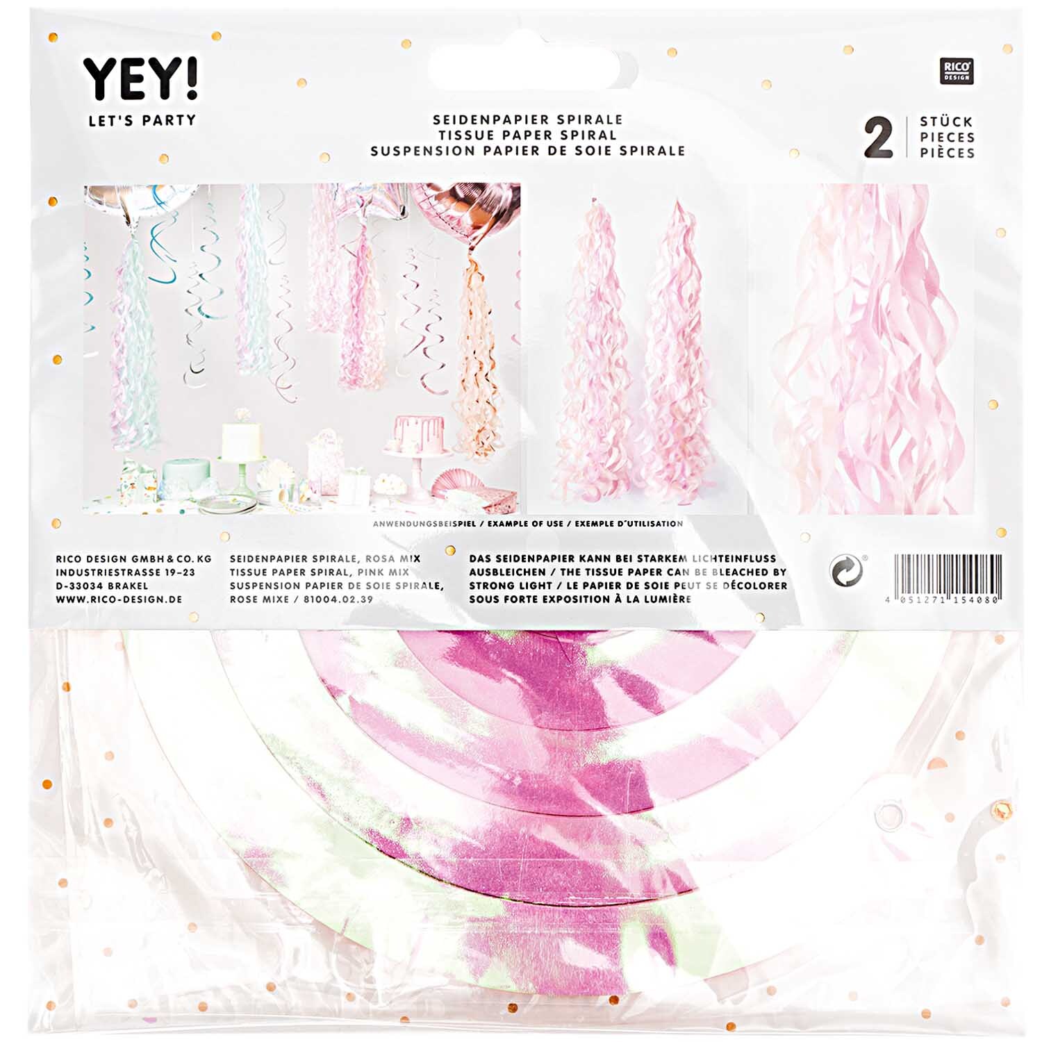 Spirales en papier de soie 2 pièces 36 couches Couleur Mélange de roses from Rico Design Seidenpapierspiralen 2 Stück 36 Lagen in Rosa Mix von Rico Design, dekorativ aufgehängt in einem Partyraum.