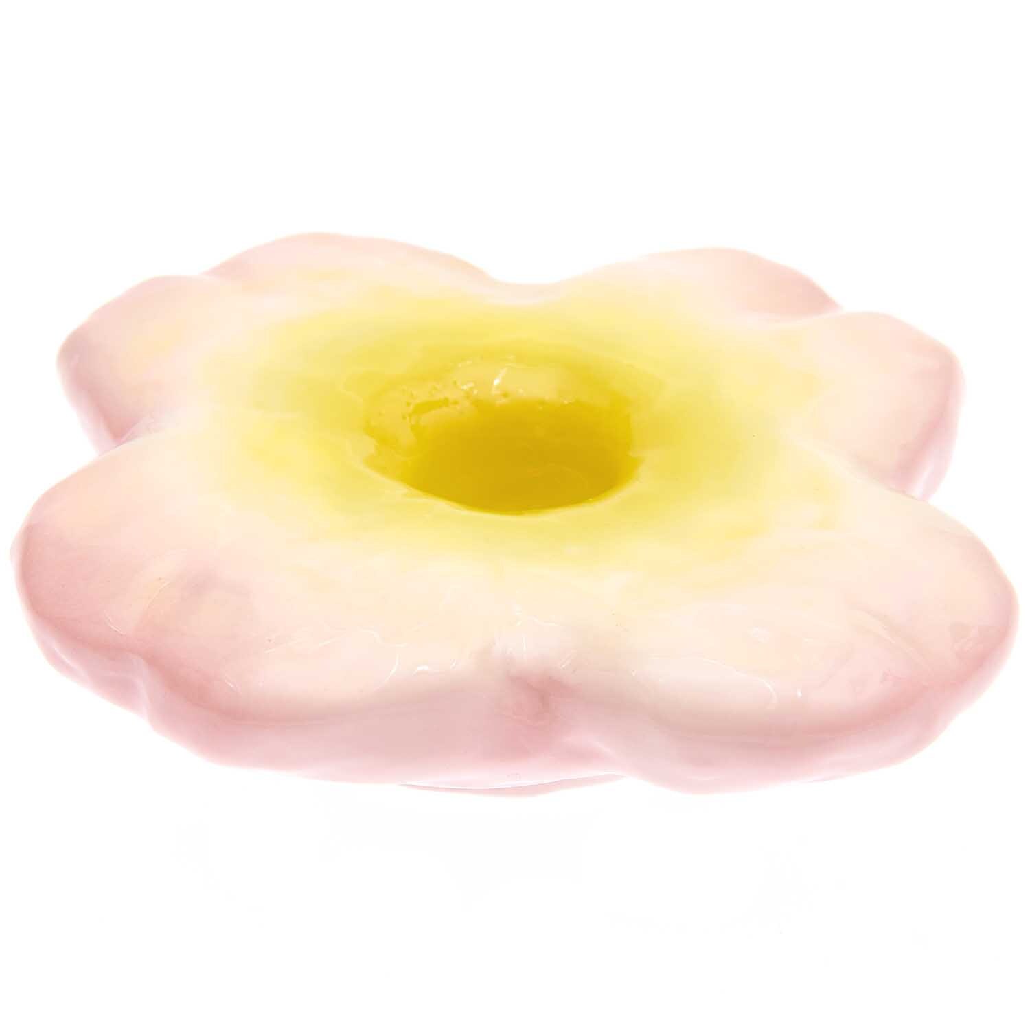 Keramik Kerzenhalter rosa Blüte von Rico Design, blumenförmig mit gelbem Zentrum, Ø8,5cm H3cm.