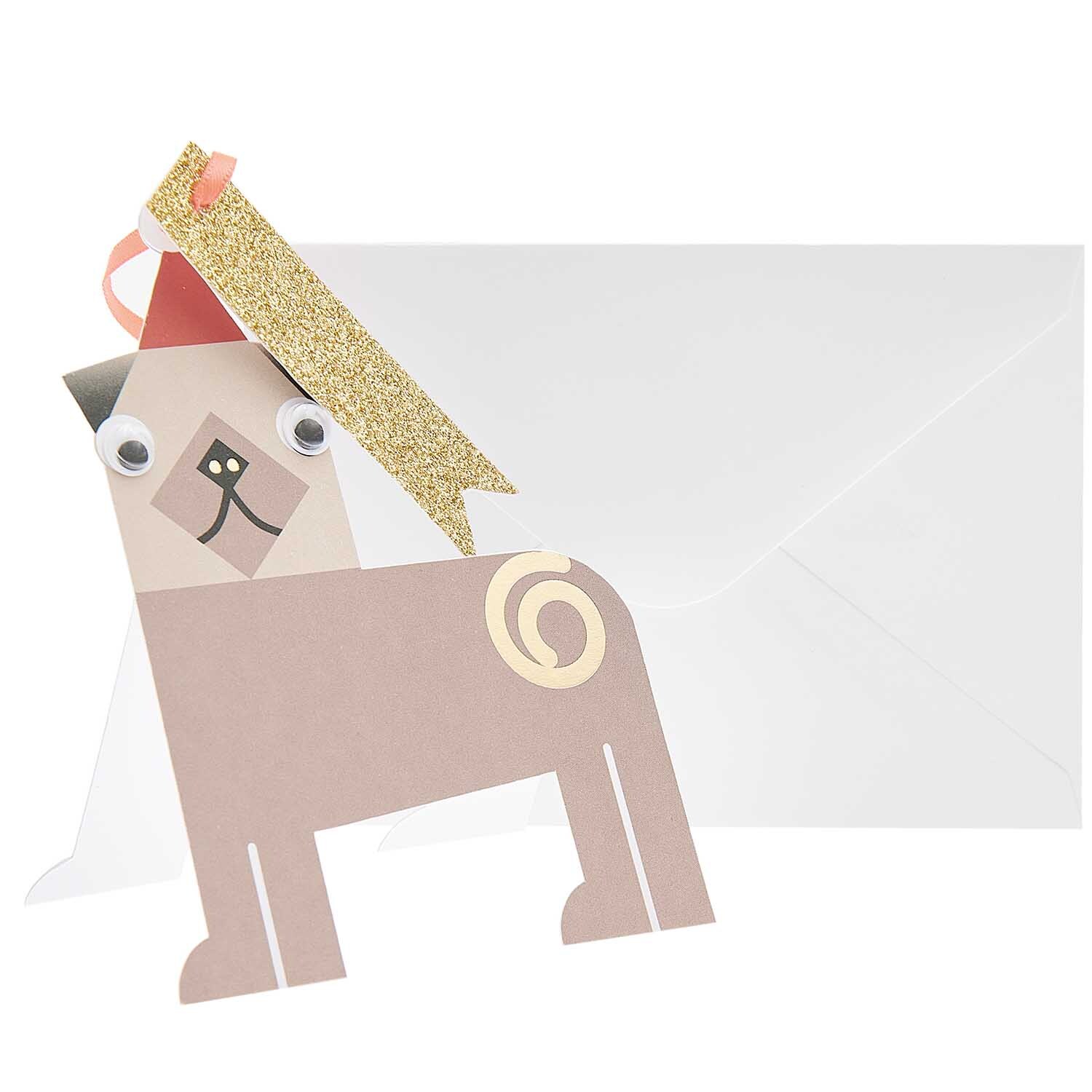 Paper Poetry Kärtchen mit Wackelaugen zeigt einen Mops aus Papier mit Glitzerhut vor einem Umschlag. Ideal für kreative Grüße.