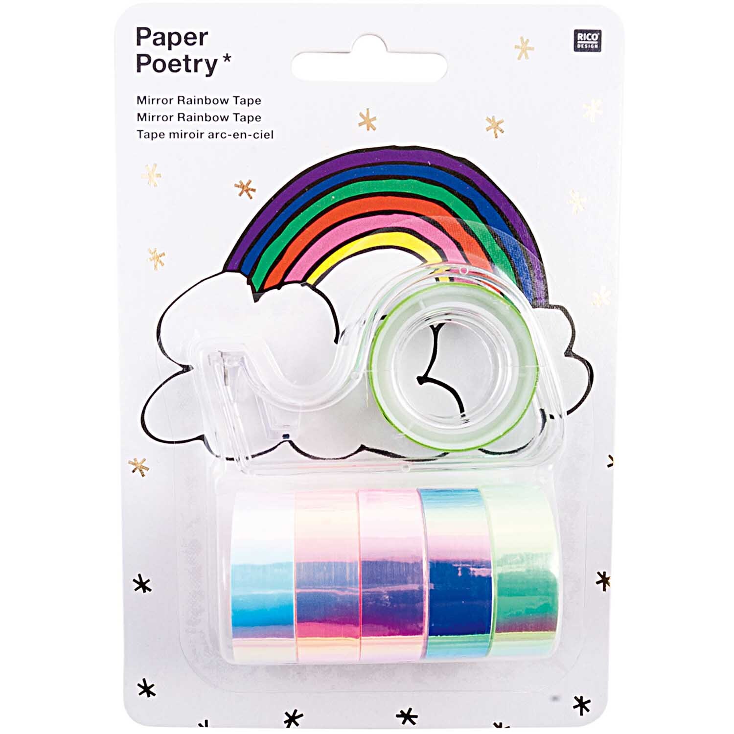 Paper Poetry Mirror Rainbow Tape, 6 Stück, zeigt bunte Klebebänder vor einem Regenbogenmotiv. Ideal für kreative Projekte.