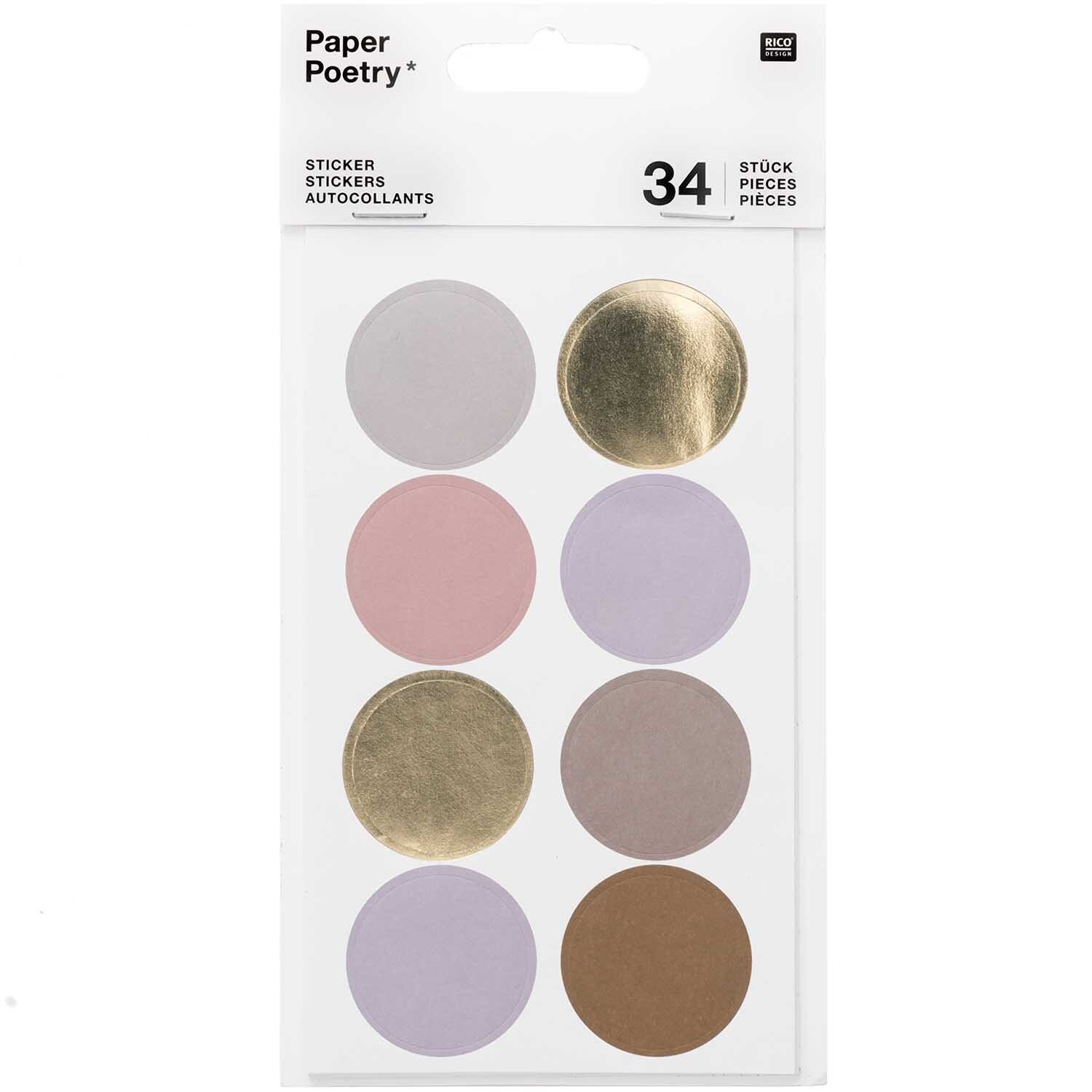 Paper Poetry Sticker Punkte & Streifen mauve: Runde Sticker in sanften Pastelltönen und Gold von Rico Design, ideal für kreative Projekte.