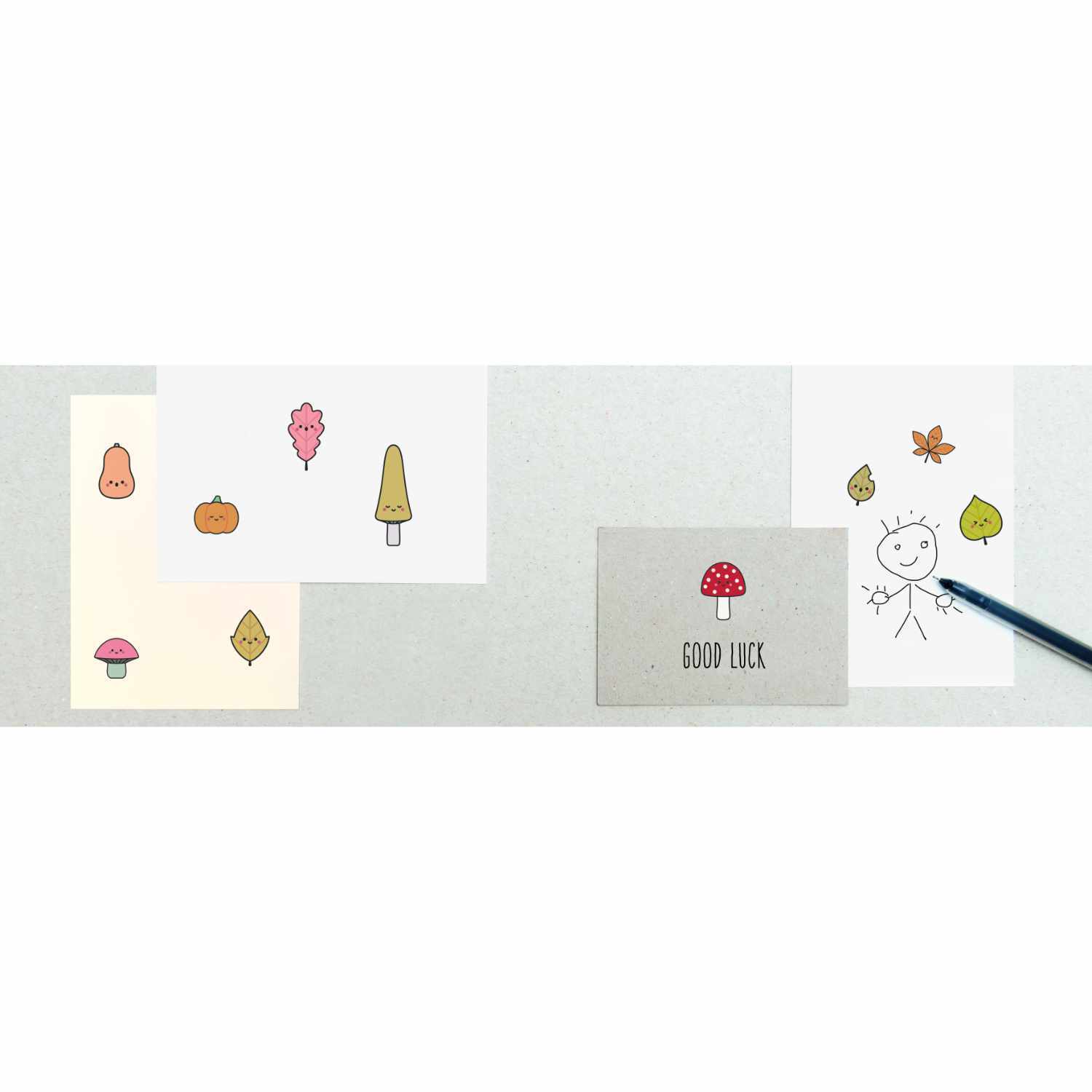 Washi Sticker Funny Fall 200 Stück von Rico Design Washi Sticker Funny Fall 200 Stück von Rico Design mit herbstlichen Motiven wie Pilzen und Blättern auf Karten. Ideal für kreative Bastelprojekte.