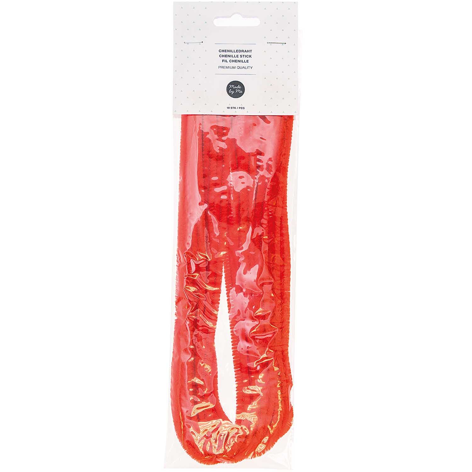 Chenilledraht 50cm 10 Stück Farbe Rot von Rico Design Chenilledraht 50cm 10 Stück von Rico Design in leuchtendem Rot, verpackt in einer transparenten Plastikhülle.
