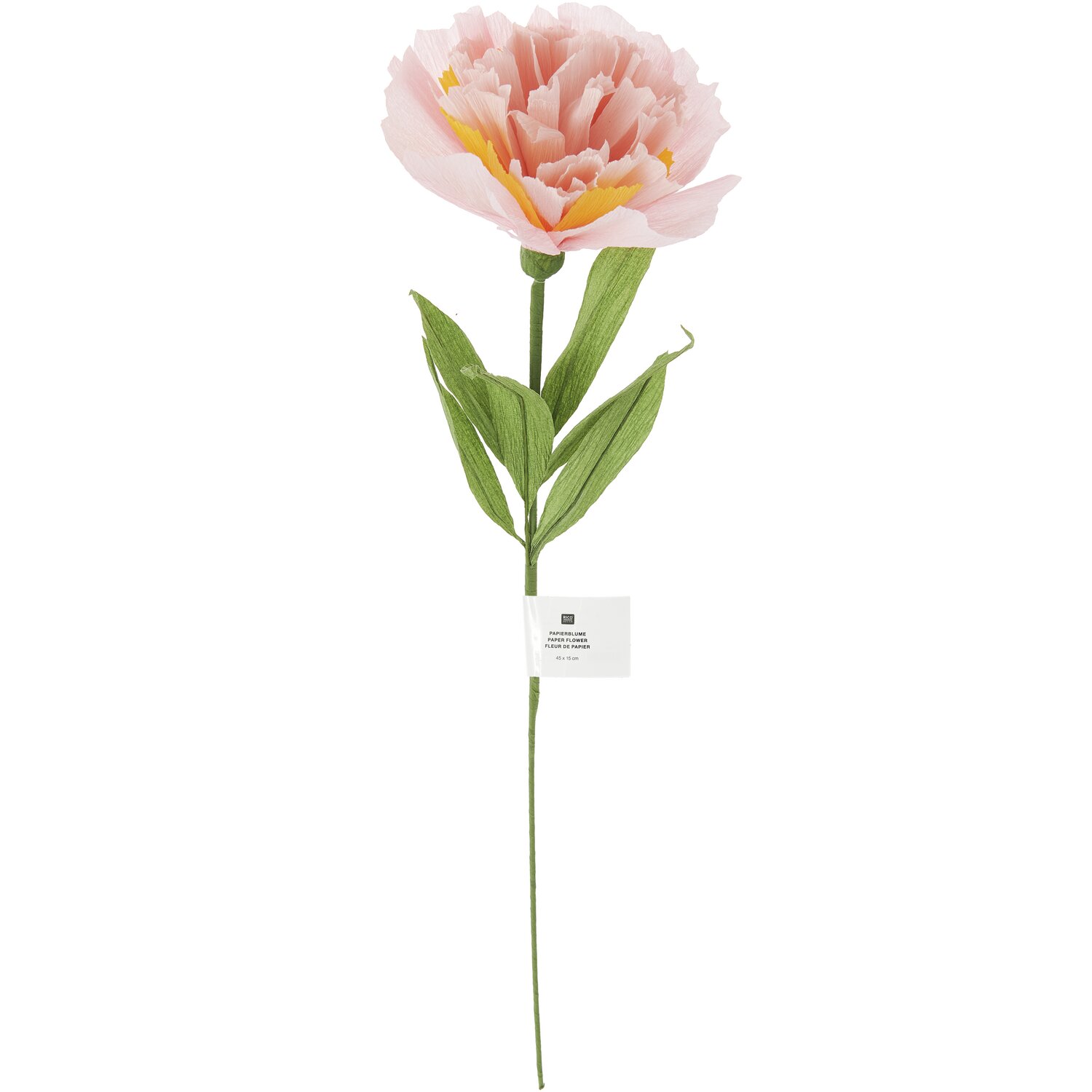 Papierblume Paeonie gefüllt in Rosé von Rico Design, 52x12cm, mit grünen Blättern und zarten Blütenblättern.