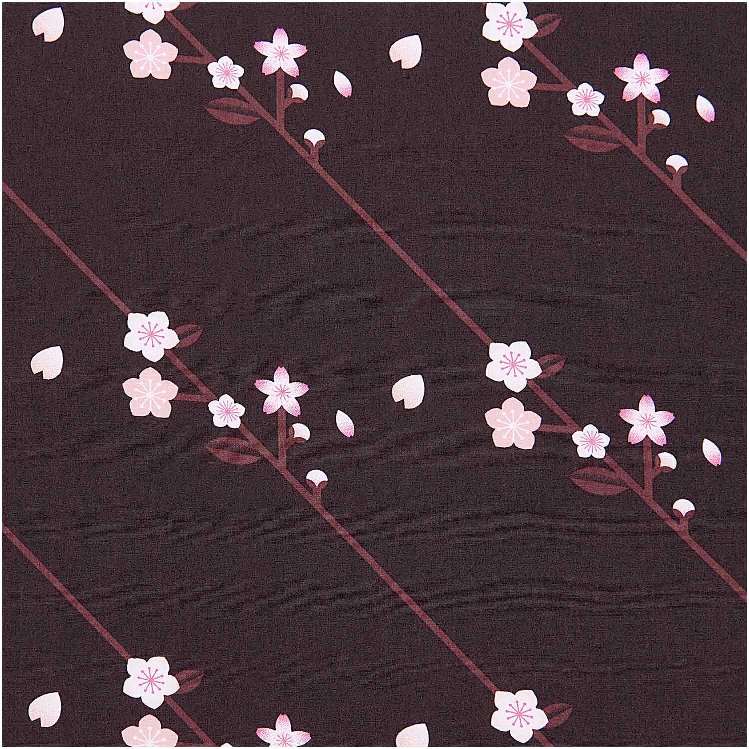 Stoffabschnitt Baumwoll-Popelin mit zarten Sakura-Zweigen auf schwarzem Hintergrund, 50x140cm.