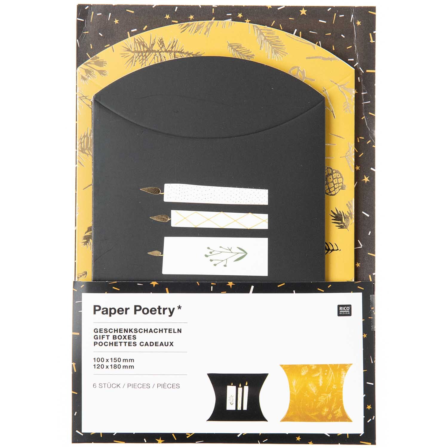 Paper Poetry Geschenkschachteln Nostalgic Christmas senf 6 Stück von Rico Design Paper Poetry Geschenkschachteln Nostalgic Christmas in senfgelb und schwarz, 6 Stück, von Rico Design, mit festlichem Design und dekorativen Mustern.