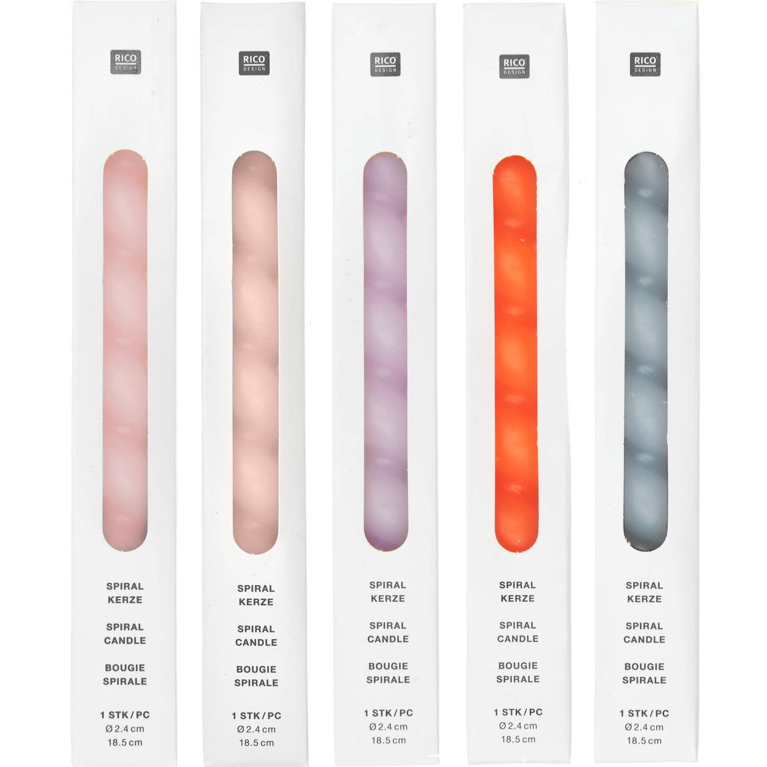 Sortiment Spiralkerzen Futschikato inkl. Display von Rico Design in verschiedenen Farben: Flieder, Rosa, Mauve, Neon Pink und Neon Orange.
