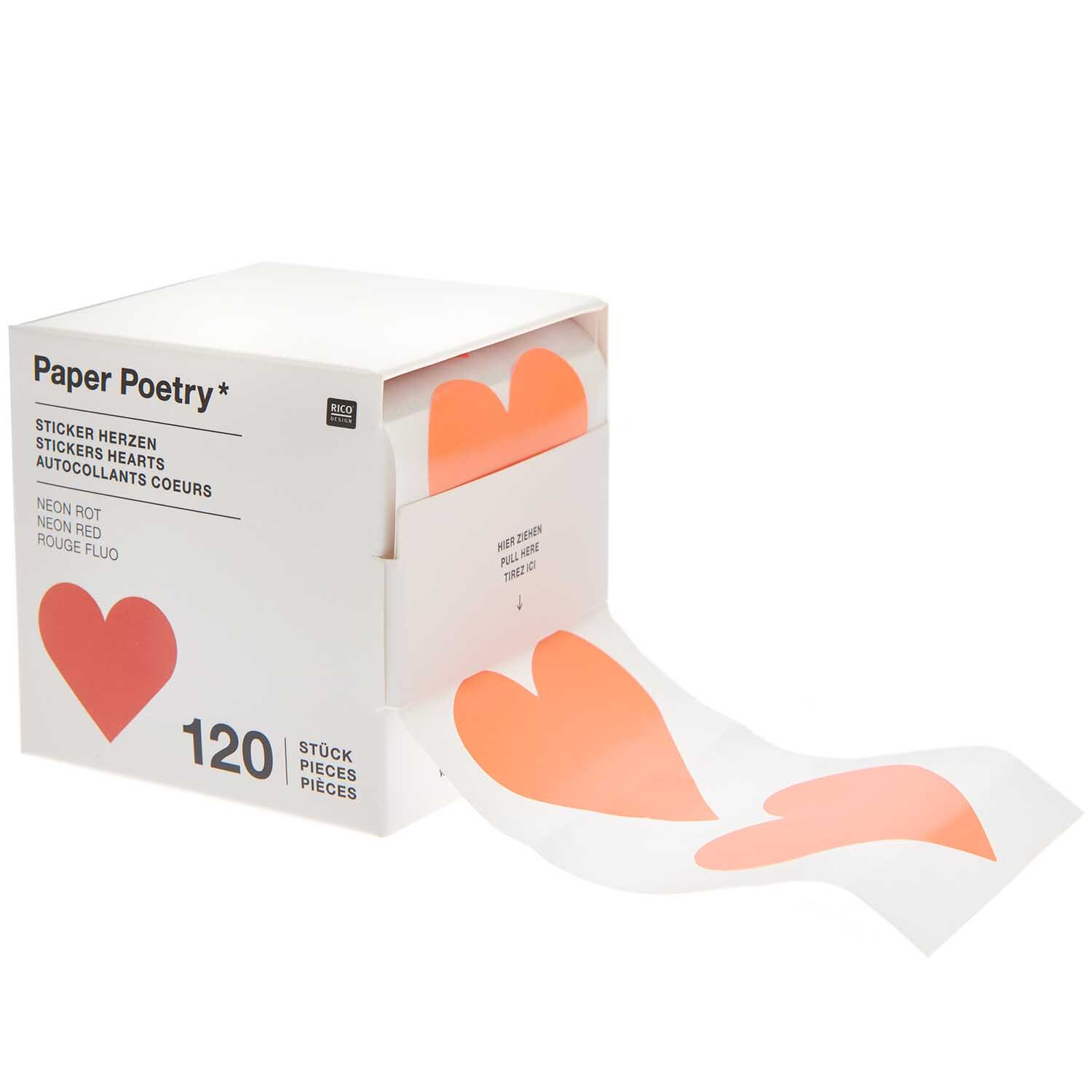 Paper Poetry Sticker Herzen 5cm 120 Stück auf der Rolle Farbe Neonrot von Rico Design Paper Poetry Sticker Herzen 5cm, 120 Stück auf Rolle, neonrote Herzen auf weißem Hintergrund in Box. Ideal für kreative Projekte.
