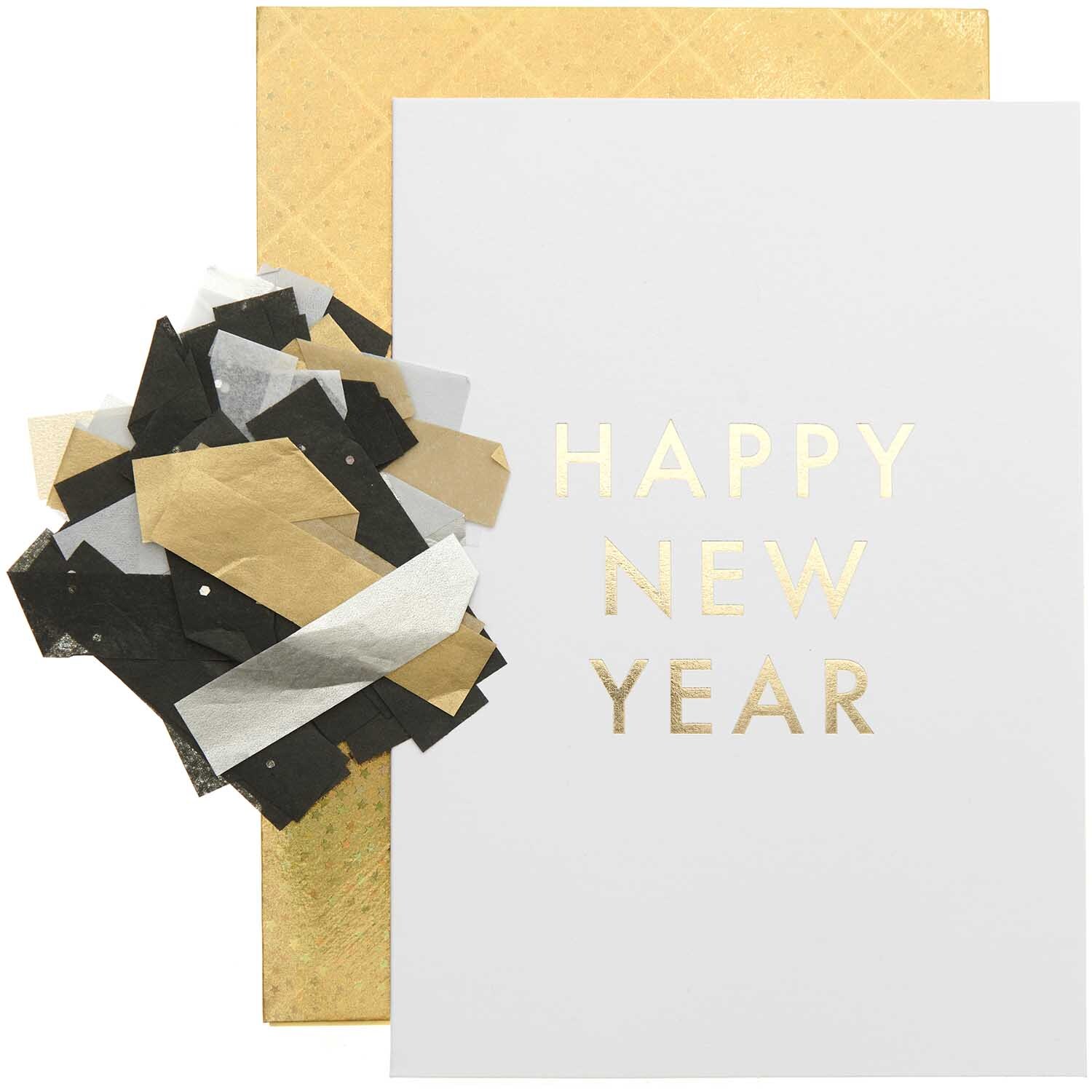 Paper Poetry Grußkartenset Happy New Year mit goldener Schrift auf weißem Hintergrund und Konfetti.