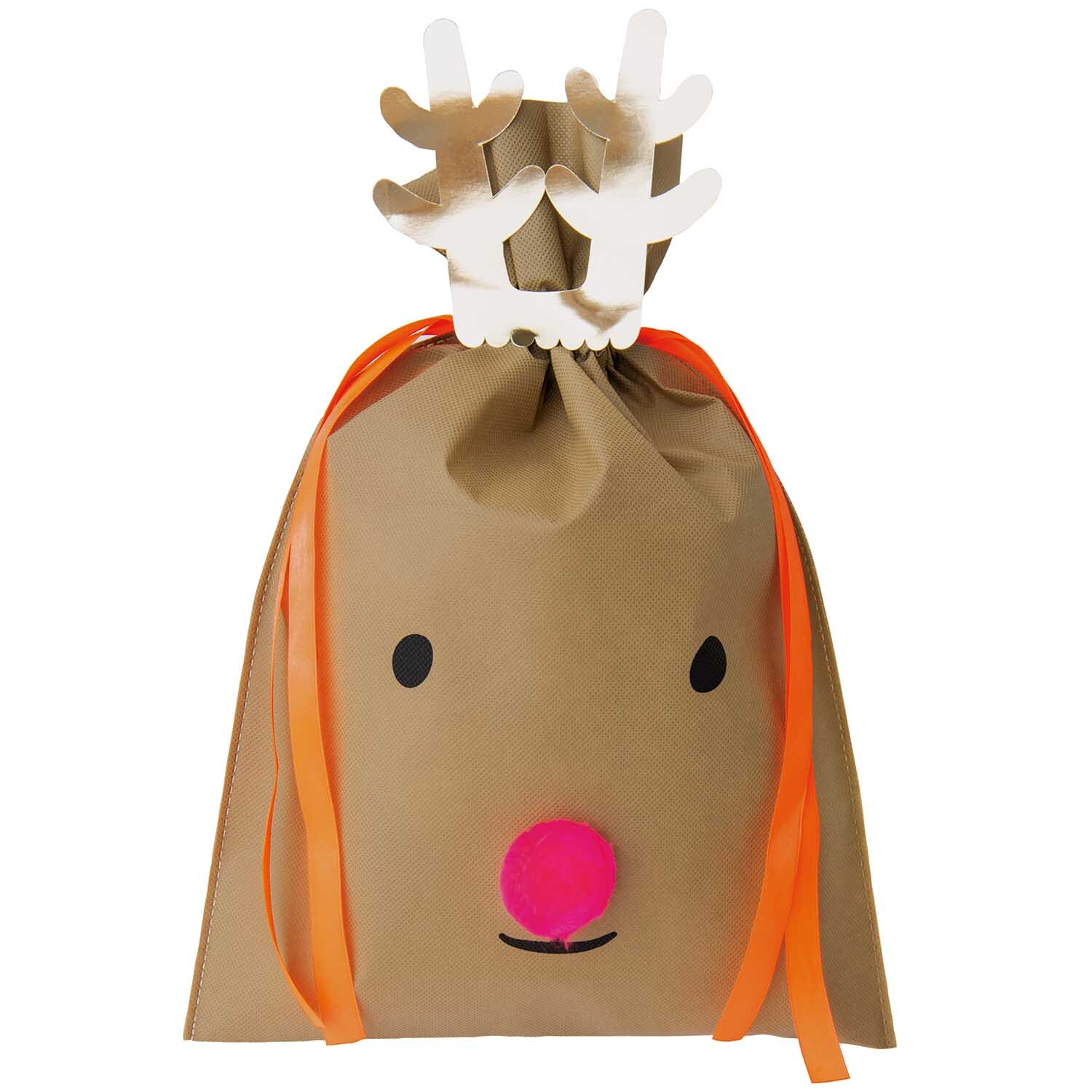 Paper Poetry Geschenktüte Nostalgic Christmas zeigt ein Rentiergesicht mit roten Bändern und Geweih. Perfekt für festliche Geschenke.