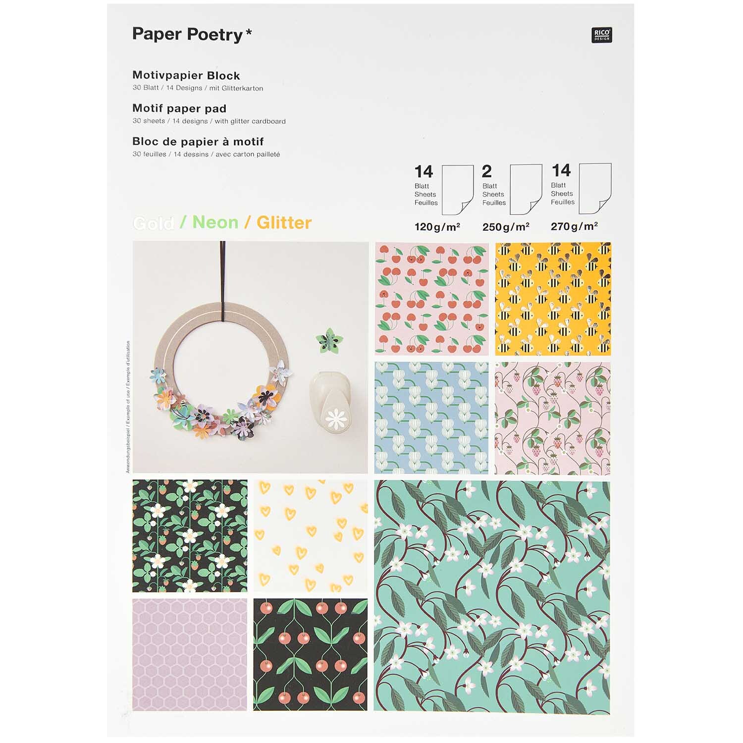 Motivpapierblock Just Bees + Fruits + Flowers mit bunten Designs von Rico Design, ideal für kreative Projekte.