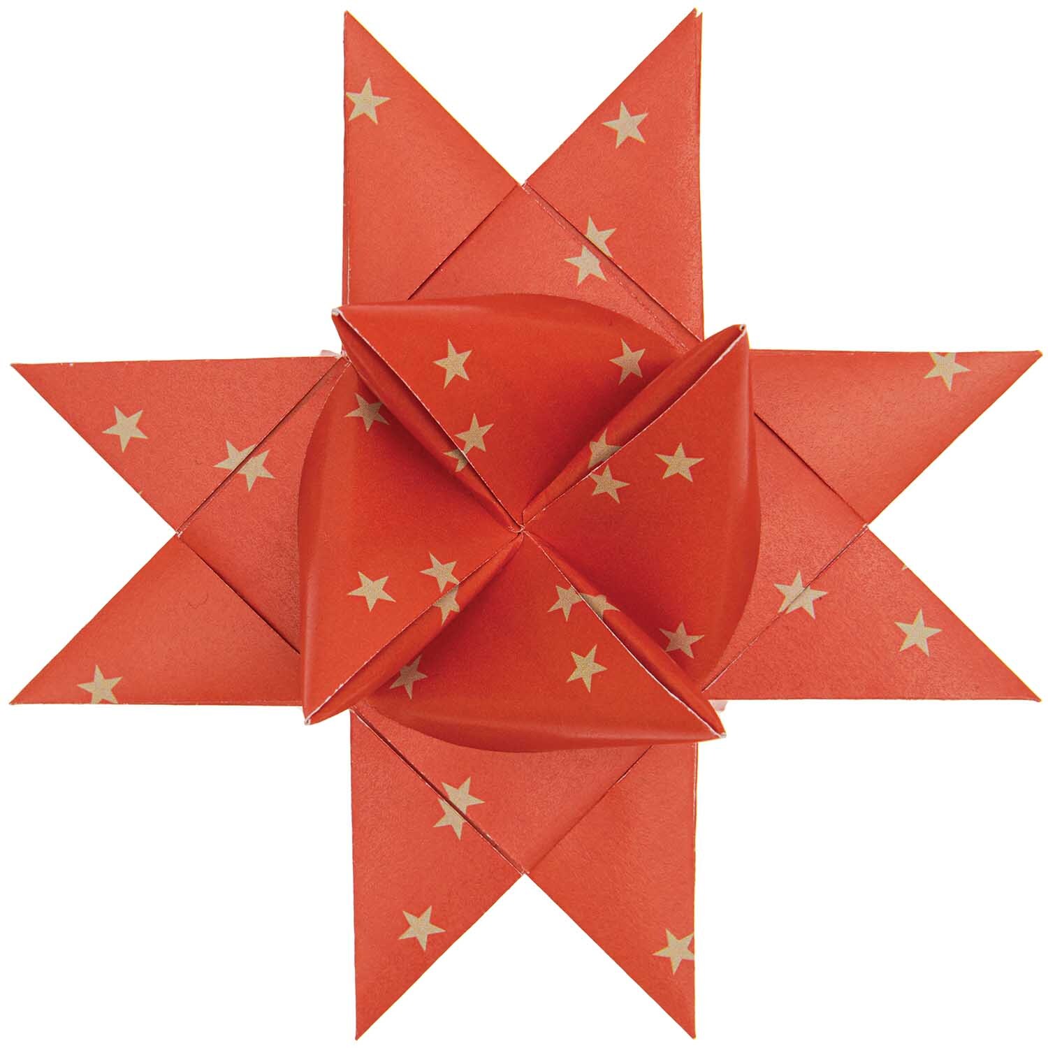 Paper Poetry Fröbelstreifen rot Sterne 60 Stück, gefaltet zu einem Stern mit goldenen Sternmotiven. Ideal für festliche Dekorationen.