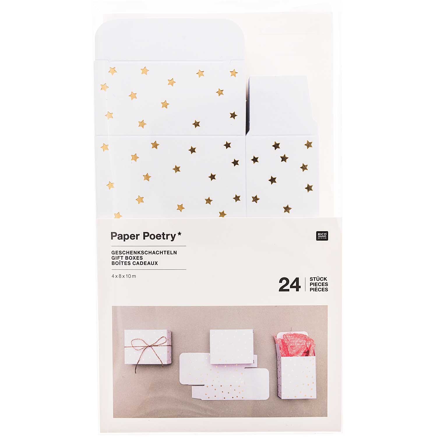 Paper Poetry Adventskalender Boxen Set 24-teilig Farbe Weiß/Gold von Rico Design Paper Poetry Adventskalender Boxen Set: 24-teiliges Set in Weiß mit goldenen Sternen von Rico Design. Ideal für kreative Geschenkverpackungen.
