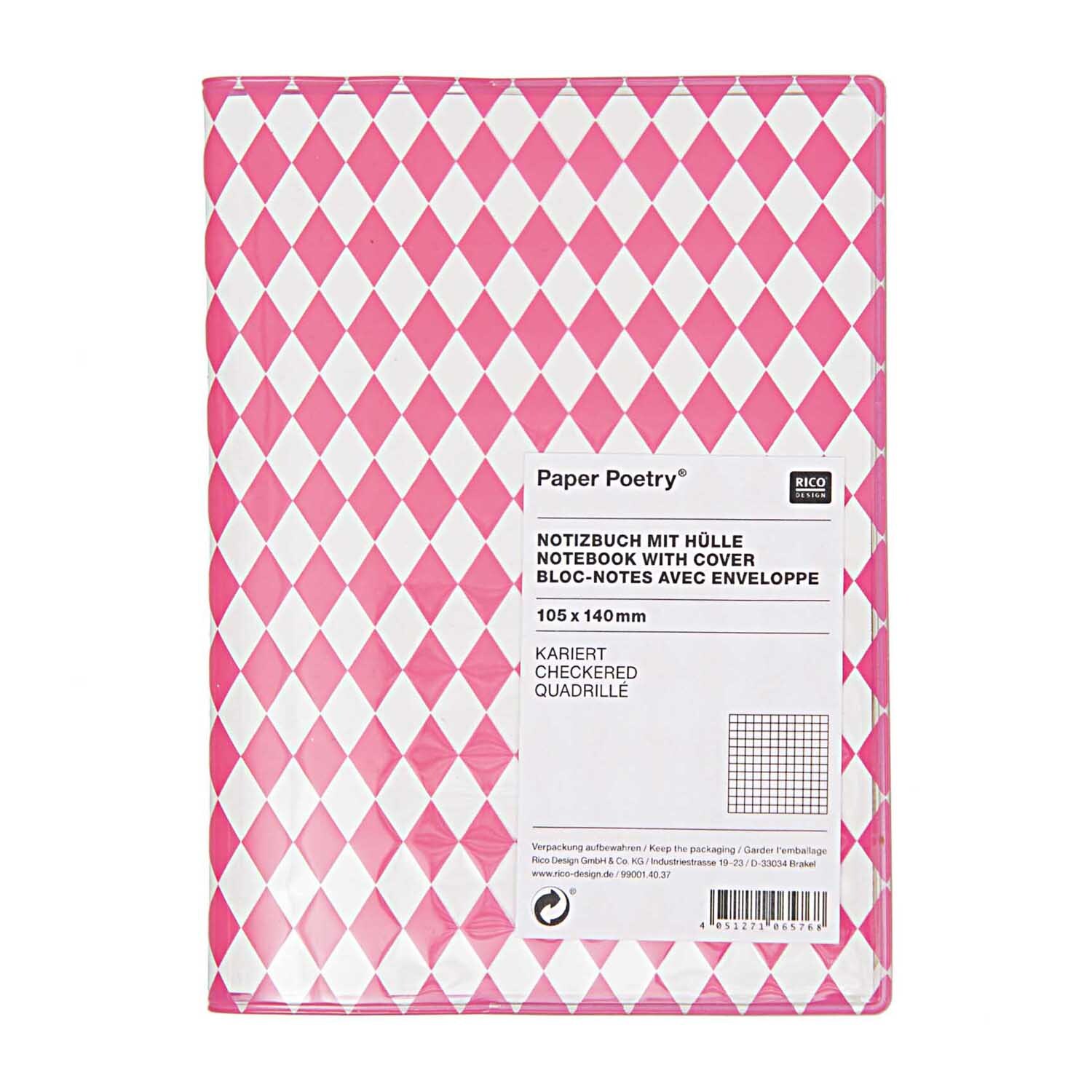 Paper Poetry Notizbuch A6 mit Hülle zeigt ein Rautenmuster in Neonpink von Rico Design. Ideal für stilvolle Notizen.
