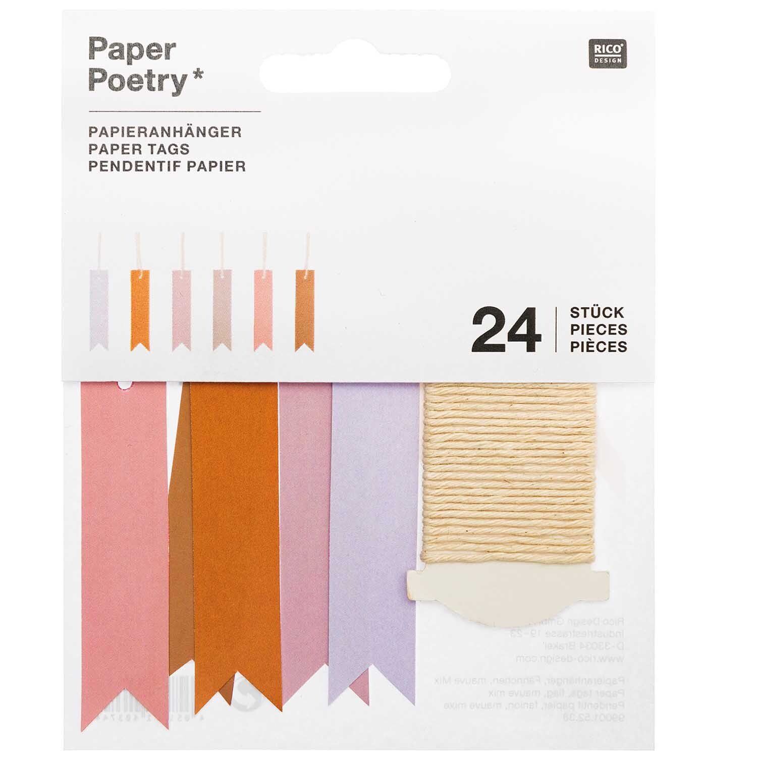 Paper Poetry Papieranhänger in verschiedenen Farben, 24 Stück, ideal für kreative Bastelprojekte.
