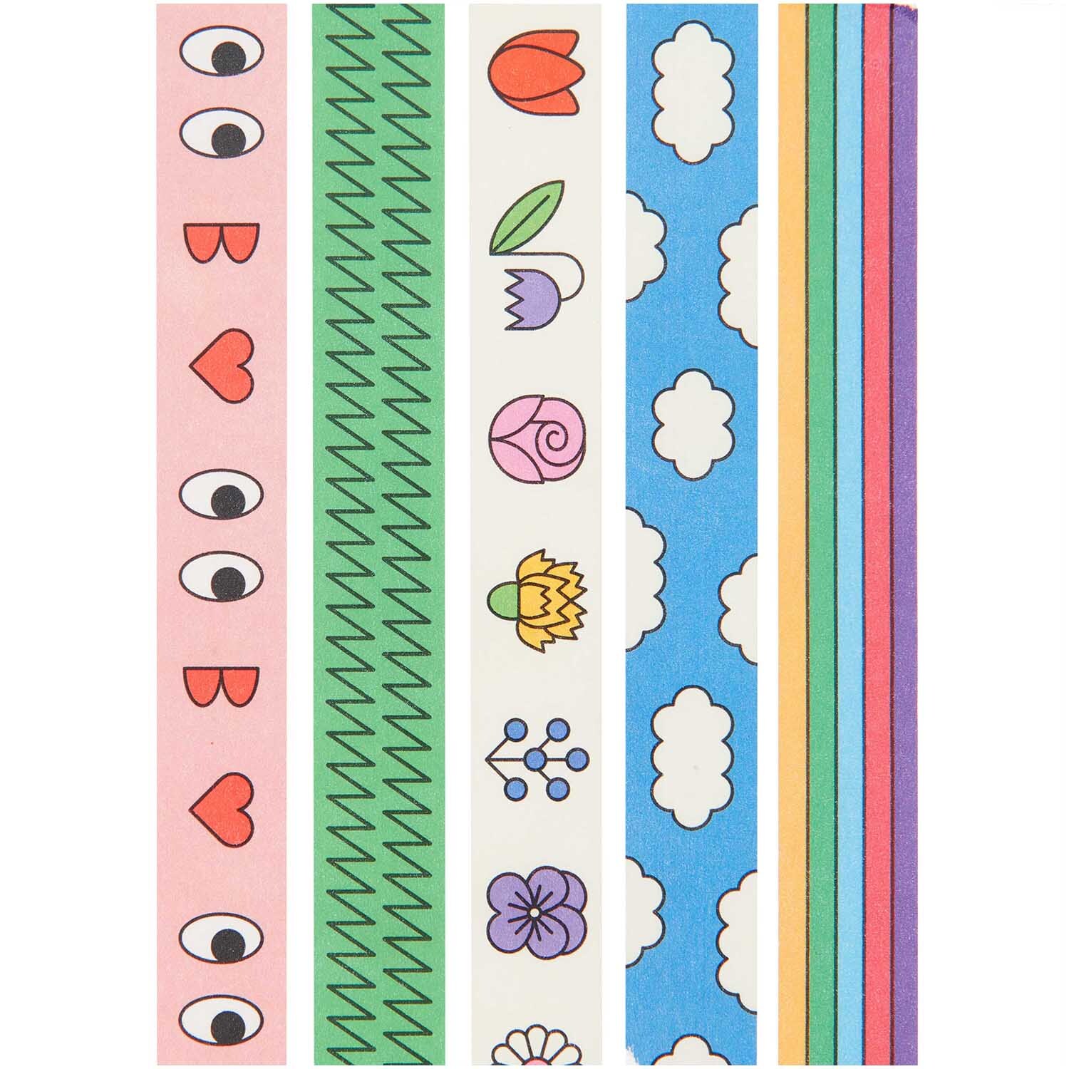 Rico Design x Redfries Tape Set Eye Candy 5-teilig von Rico Design Rico Design x Redfries Tape Set Eye Candy, 5-teilig, mit bunten Mustern wie Augen, Herzen, Blumen und Wolken auf farbigem Hintergrund.