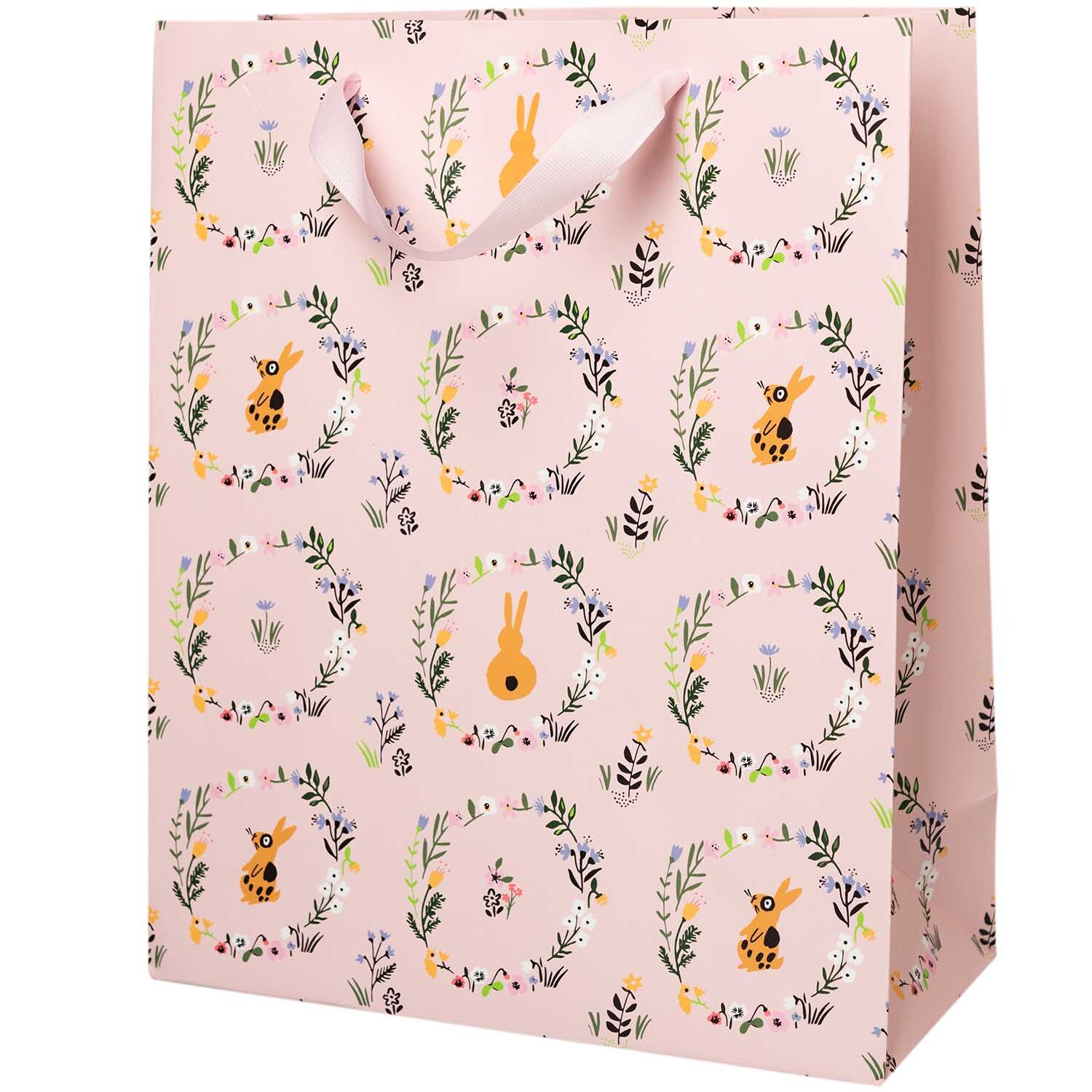 Paper Poetry Geschenktüte Bunny Hop Blumenkranz 26x32x12cm, rosa mit Hasen- und Blumenmuster, ideal für Geschenke.