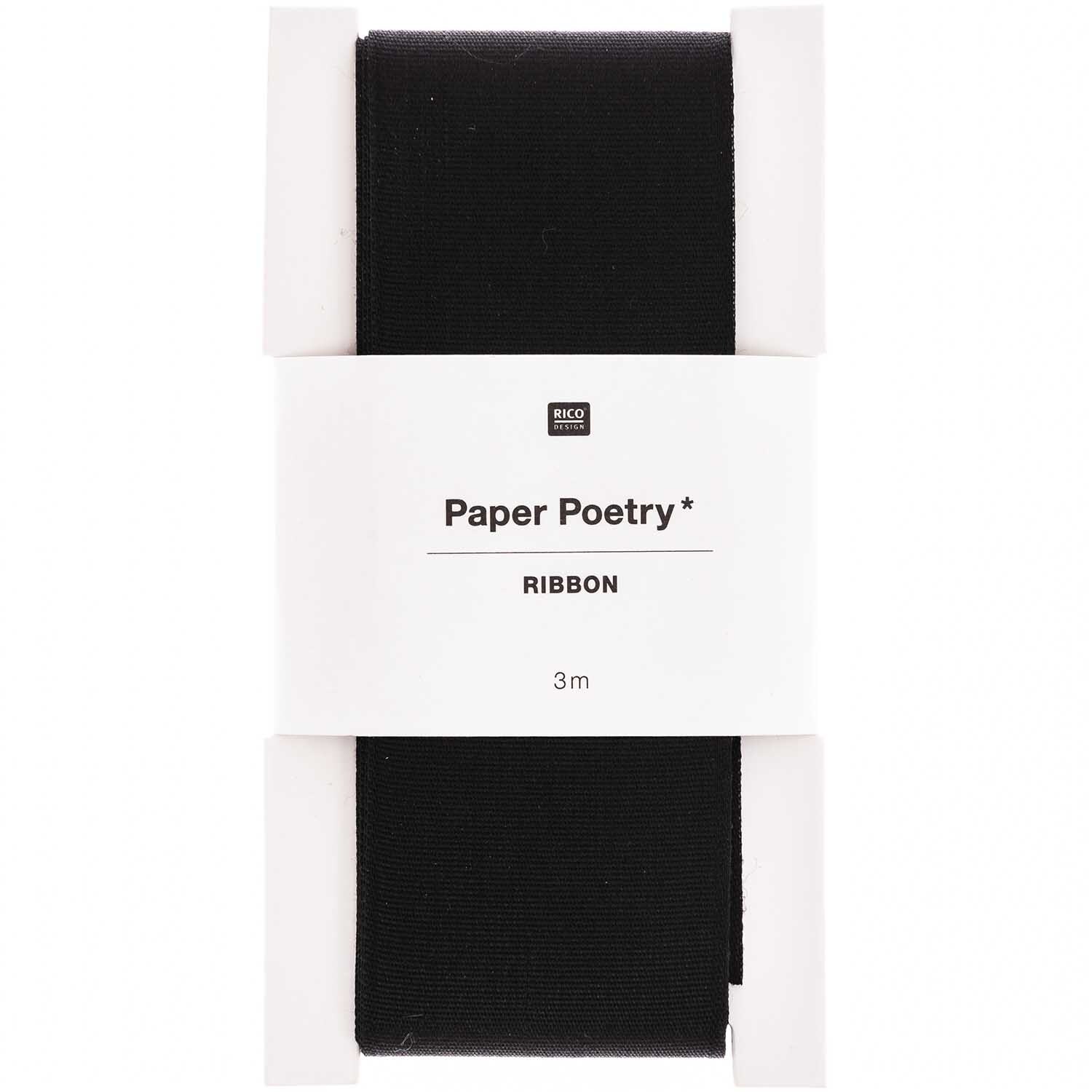 Paper Poetry Taftband 38mm 3m in Schwarz von Rico Design, elegant verpackt auf einer weißen Spule. Ideal für kreative Projekte.