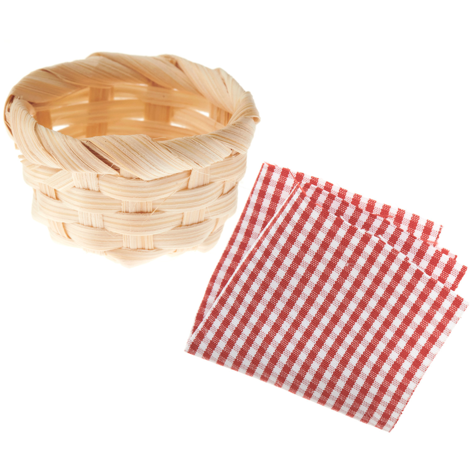 Miniatur Bambuskorb mit Picknickdecke von Rico Design. Der Korb ist aus hellem Bambus, die Decke rot-weiß kariert. Ideal für Puppenhäuser.