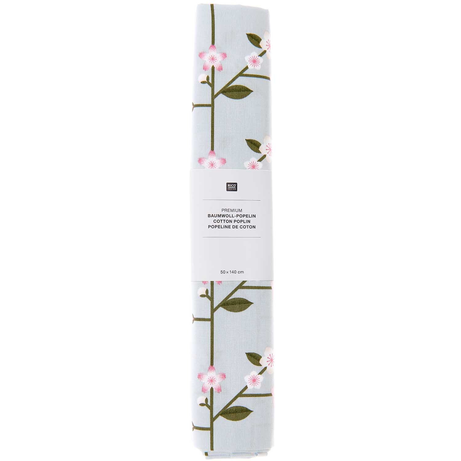 Stoffabschnitt Baumwoll-Popelin rauchblau Sakura Zweige 50x140cm von Rico Design
