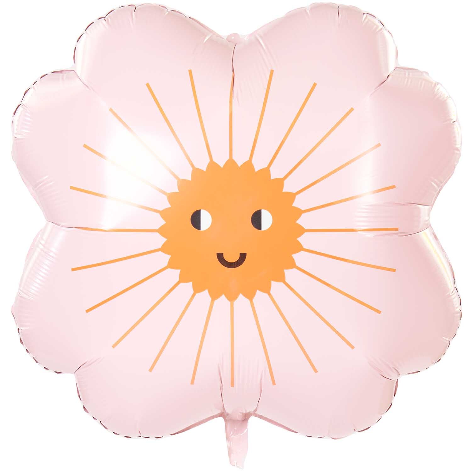 Folienballon Blume 65cm von Rico Design in Rosa mit fröhlichem Gesicht und Sonnenstrahlen.