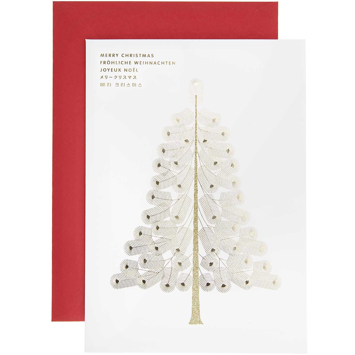 Paper Poetry Kartenset Tanne A5 zeigt eine elegante Weihnachtskarte mit weißem Tannenbaum und rotem Umschlag, ideal für festliche Grüße.