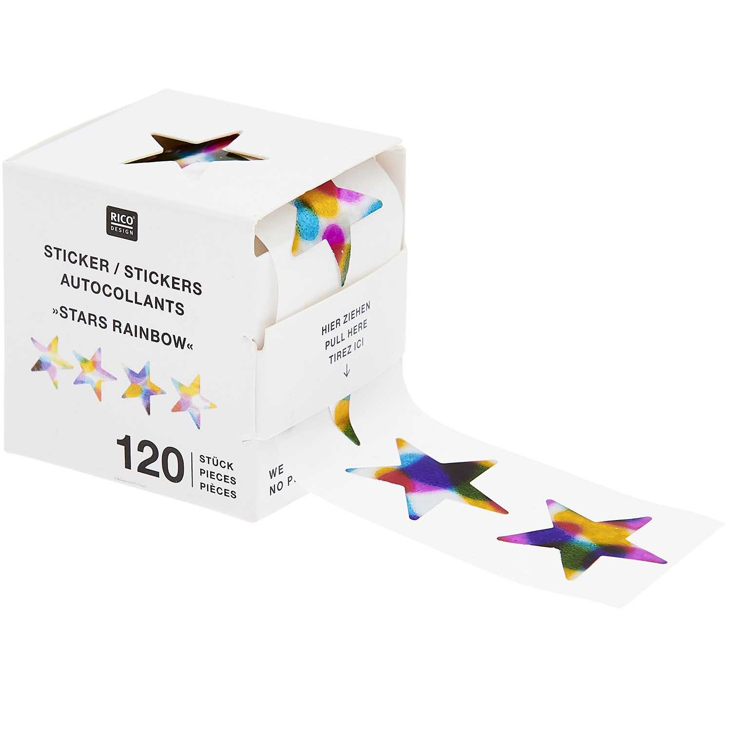 Paper Poetry Mini-Sticker Sterne Rainbow auf der Rolle, 120 Stück, von Rico Design. Bunte Sterne auf weißem Hintergrund.