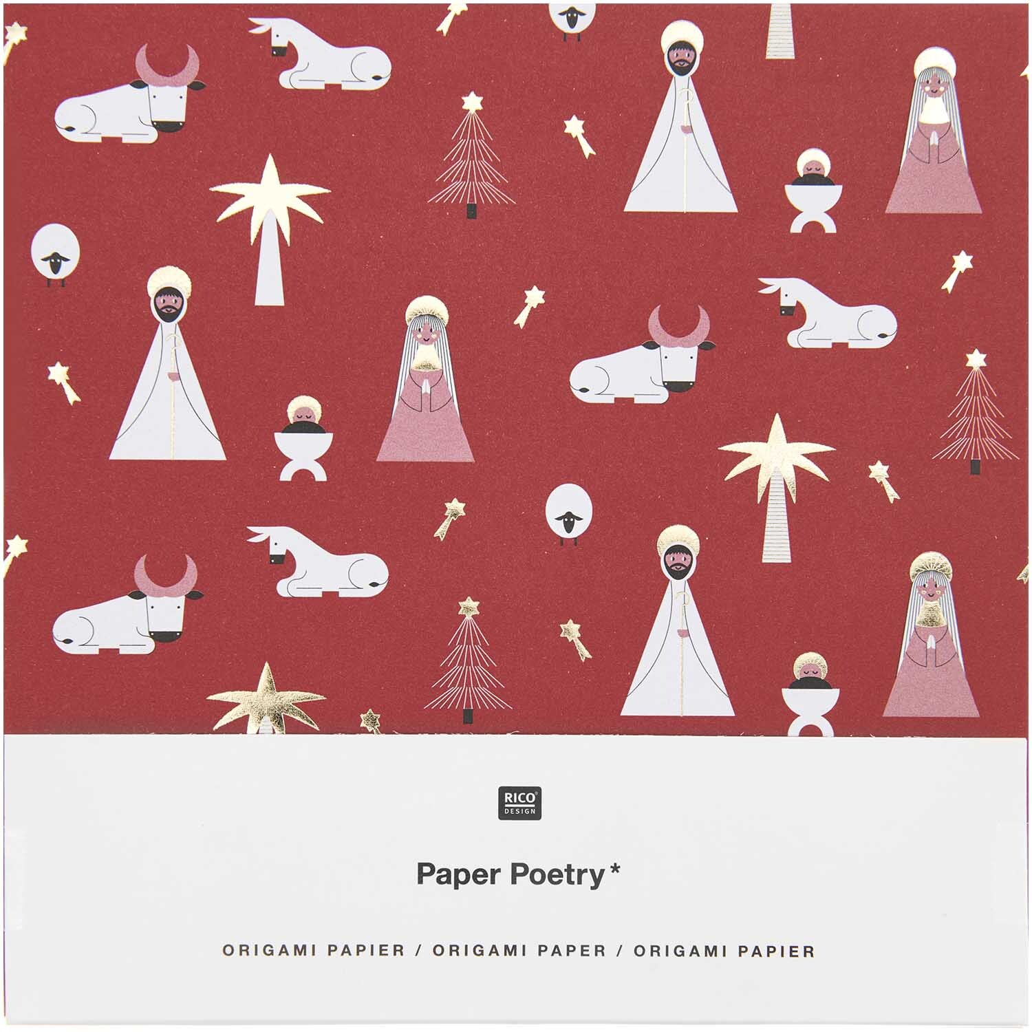 Paper Poetry Origami Christmas Rocks! 15x15cm 50 Blatt mit weihnachtlichen Motiven auf rotem Hintergrund, ideal für festliche Bastelprojekte.