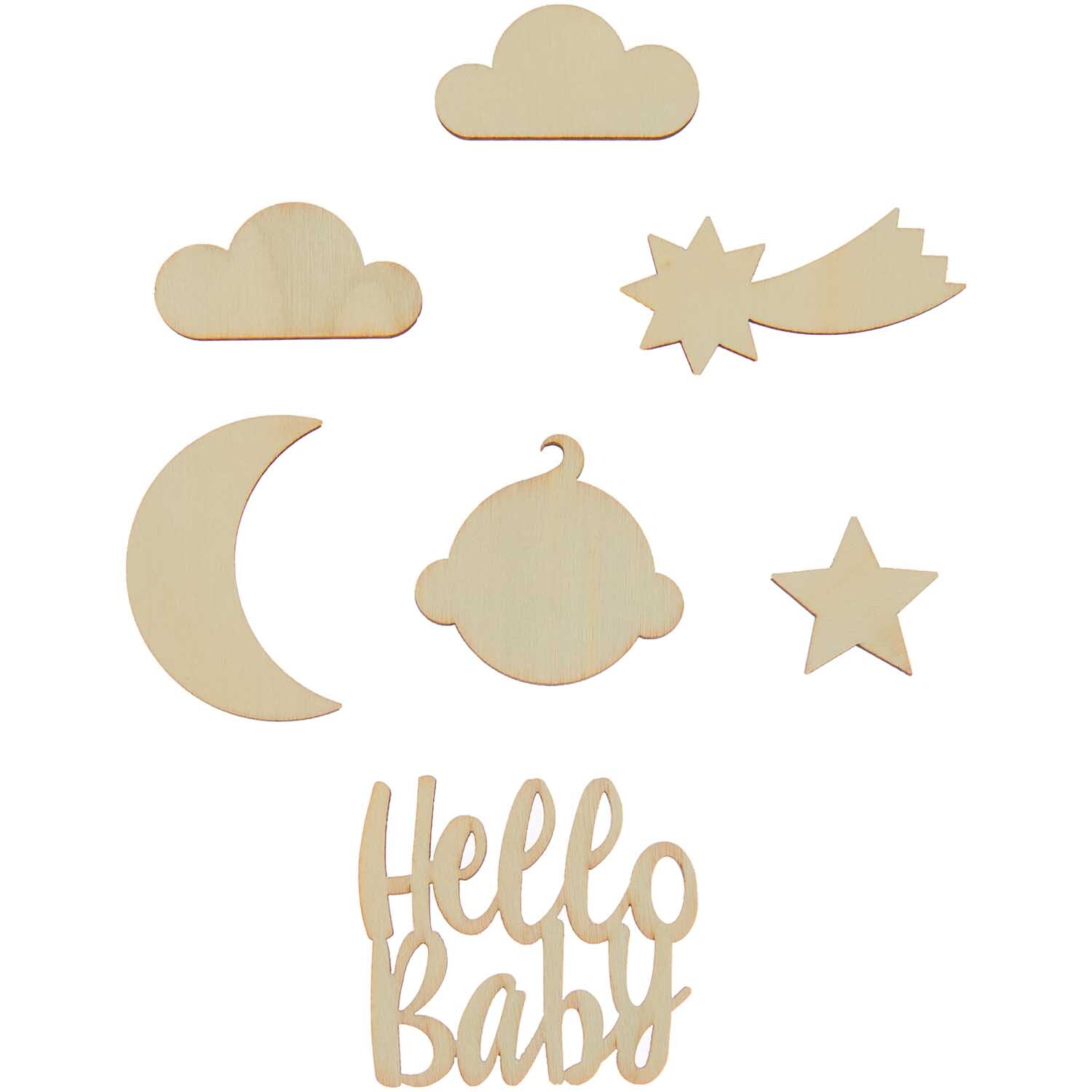 Holzdeko Set Hello Baby: Sieben naturfarbene Holzformen, darunter Wolken, Stern, Mond und Schriftzug, von Rico Design.